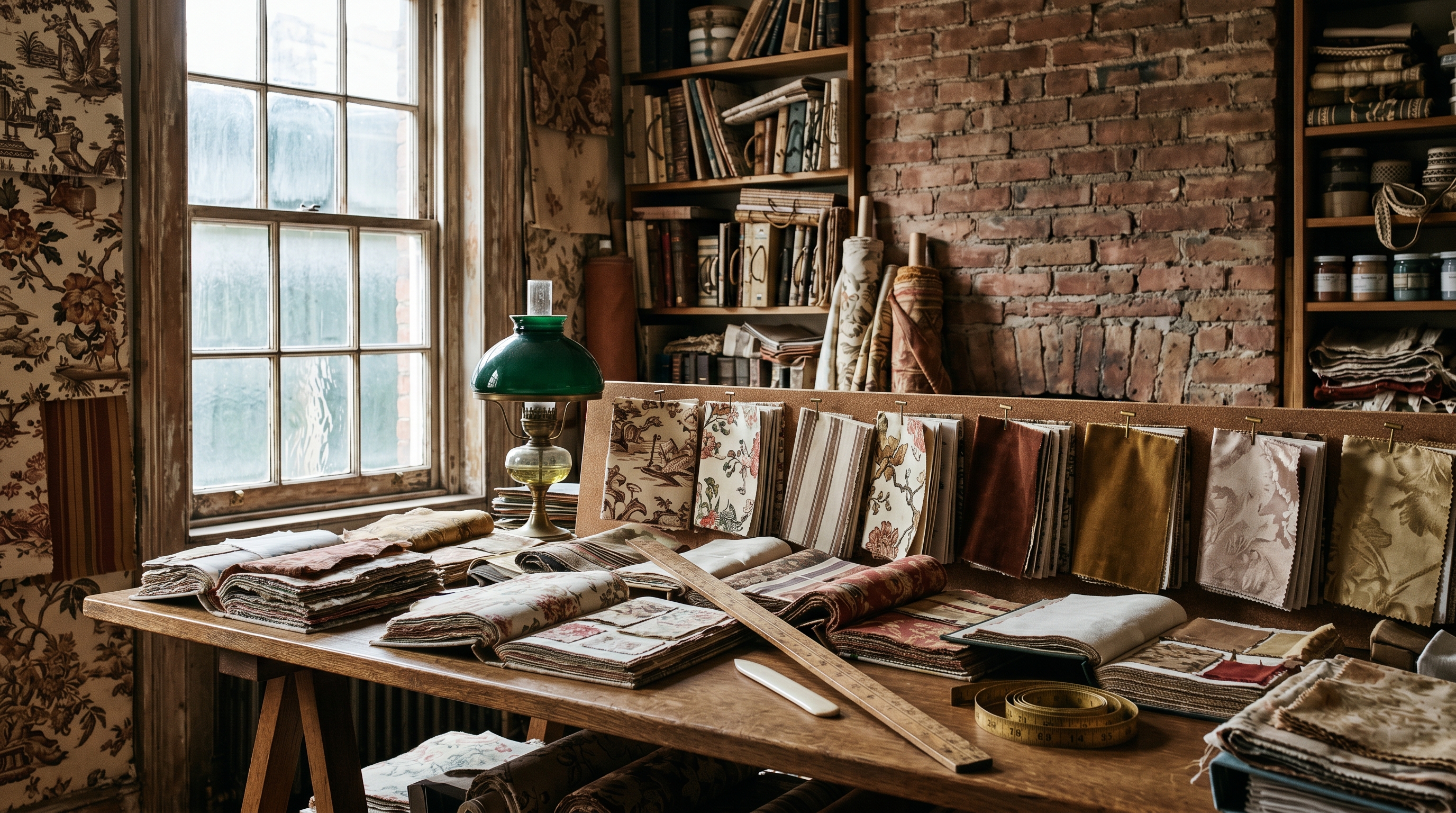 Old Town brick townhouse design studio — long quartersawn-oak trestle table layered with trade fabric memo books, brass-and-green-glass desk lamp, twelve-pane sash window on the left, exposed brick chimney breast