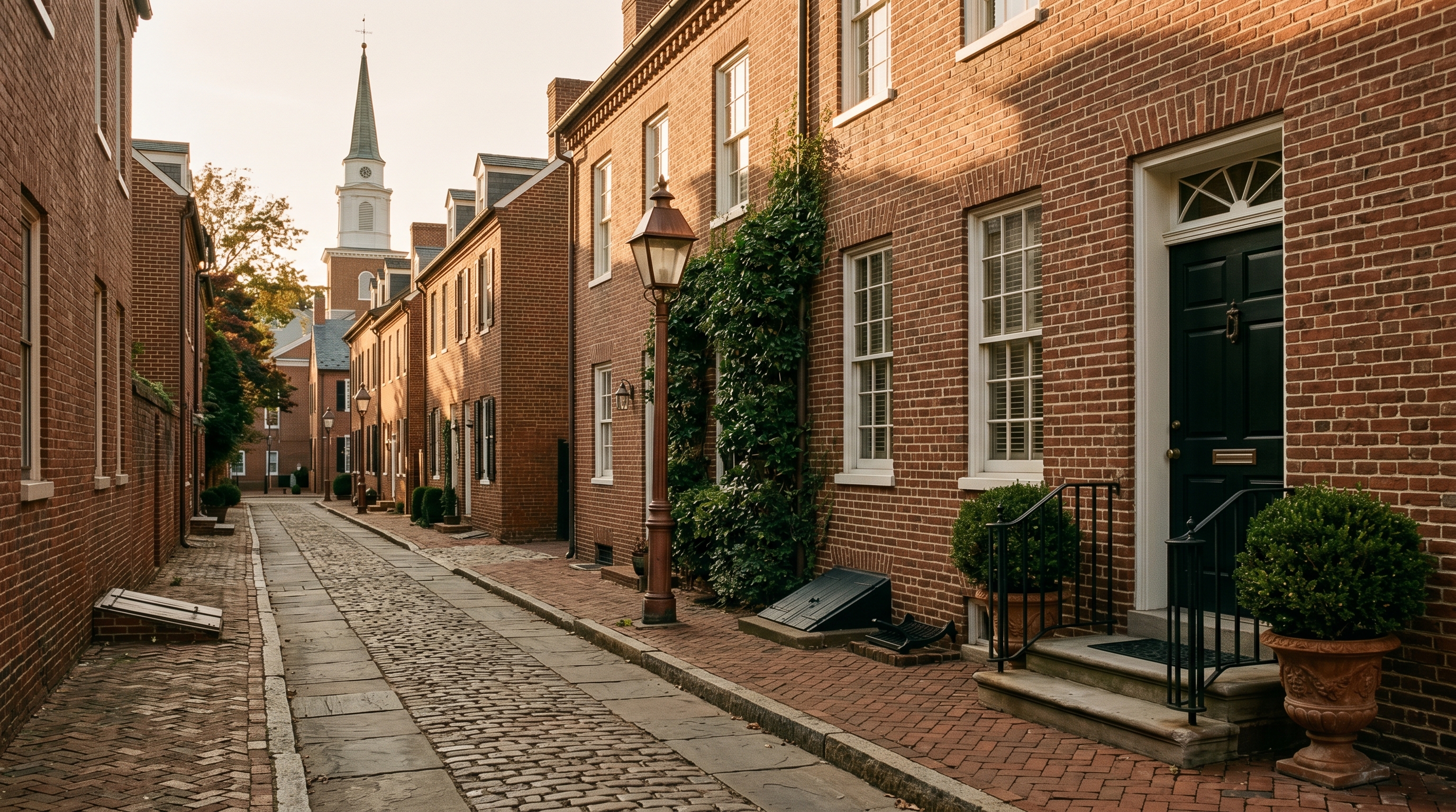 Cobblestone Old Town Alexandria block at golden hour — Federal-period brick rowhouse facade with fanlight transom and dentil cornice, Christ Church steeple visible in the distance