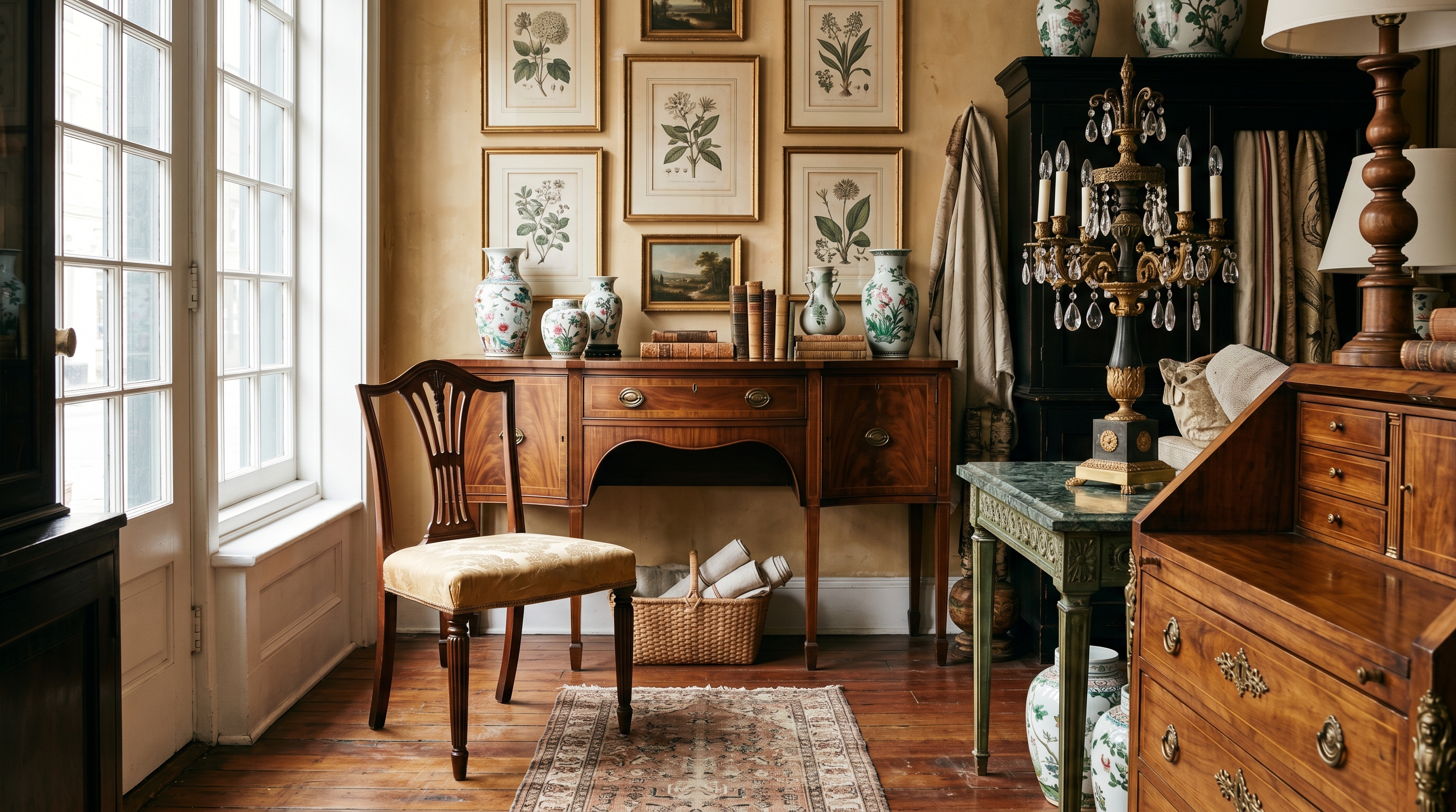 Interior of a King Street antique-dealer showroom — Federal mahogany serpentine sideboard with brass pulls, Hepplewhite side chair, framed botanical prints clustered above, French Empire candelabra