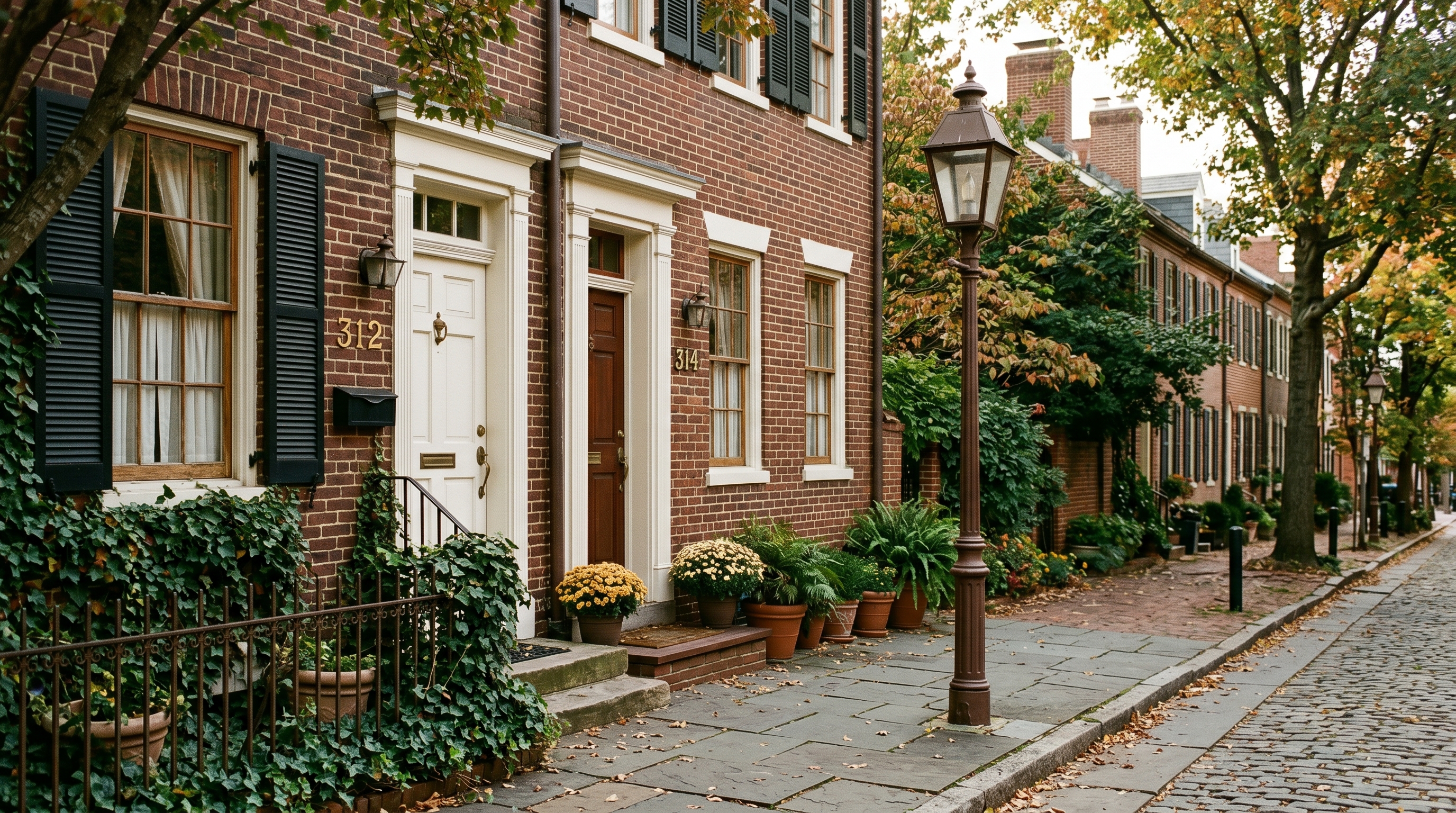 Tree-lined Old Town Alexandria residential street with Federal-period brick rowhouses, gas-style streetlamp, brick sidewalk, climbing ivy on stoops