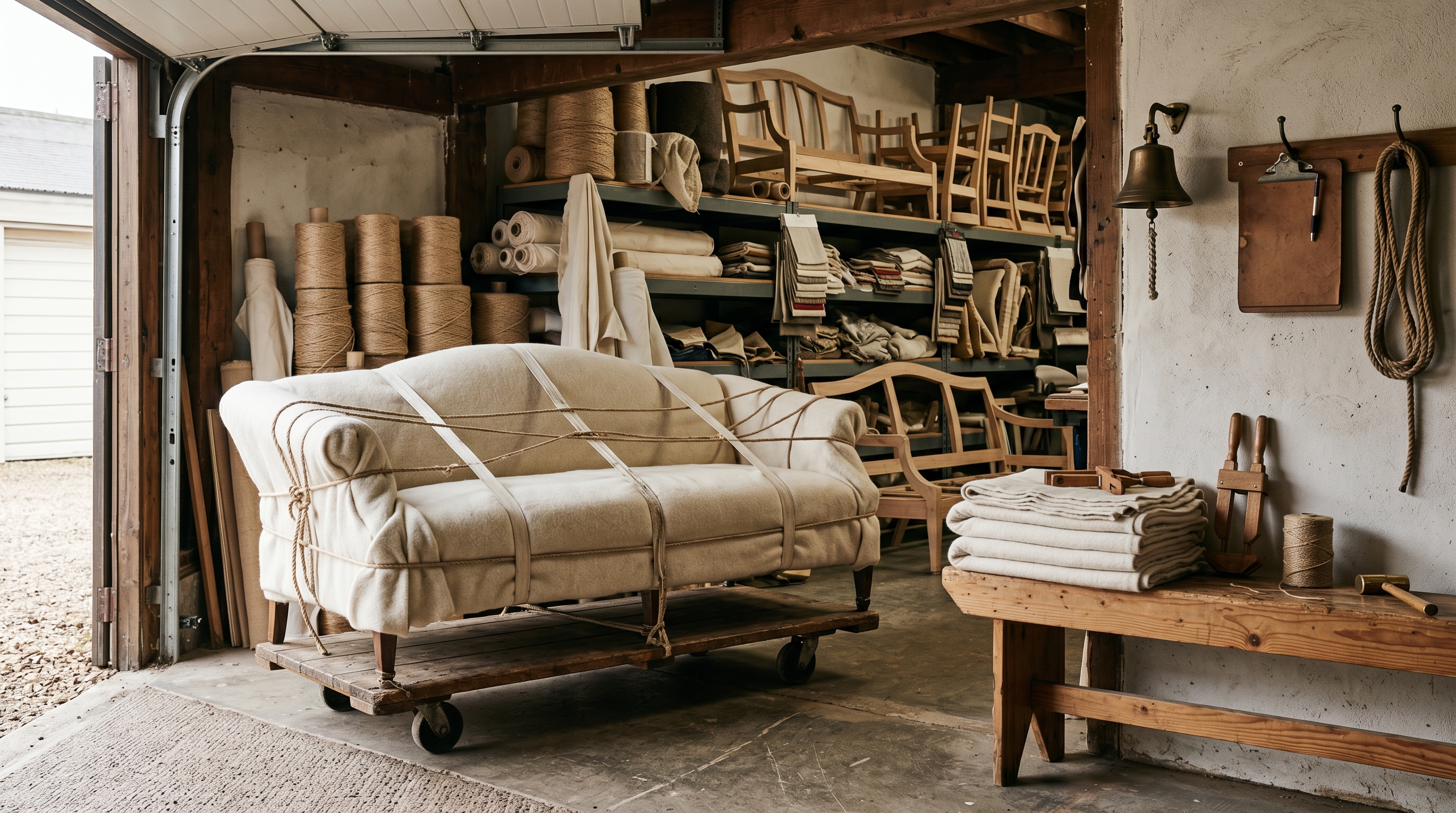 Bergerie workshop loading bay — Camelback sofa wrapped in cream wool moving blankets on a wooden dolly, floor-to-rafter shelves of jute spools and bolts of muslin behind, brass workshop bell on the wall