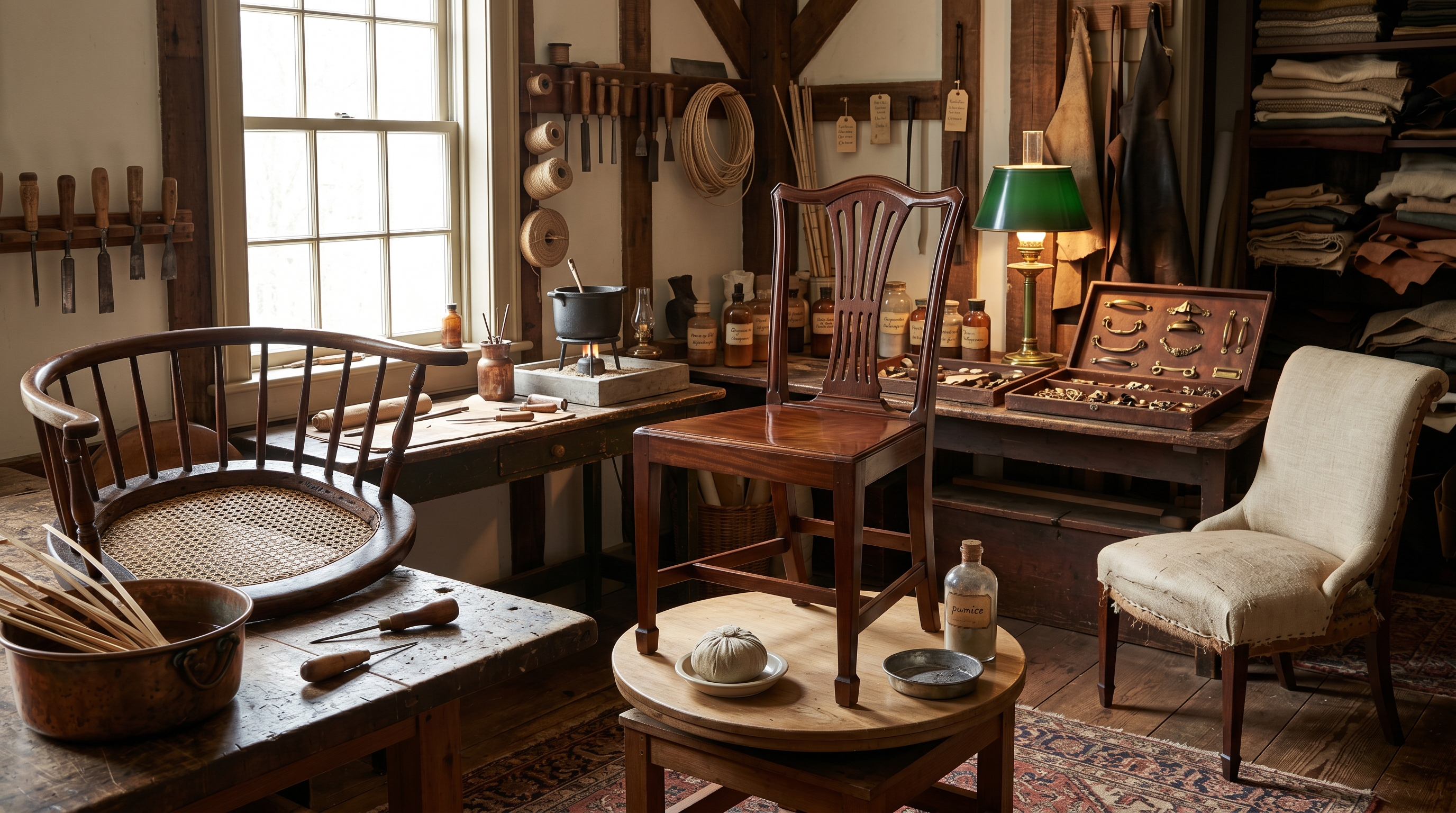 Bergerie finishing room craft tableau — Federal mahogany side chair mid French polish on a turntable with cotton-and-linen polishing rubber and rottenstone-oil dish, Windsor seat with partial six-step hand-caned pattern and rattan soaking in copper basin, antique slipper chair with horsehair stuffing and hand-stitched edge-roll, cast-iron hide-glue pot on a sand bath
