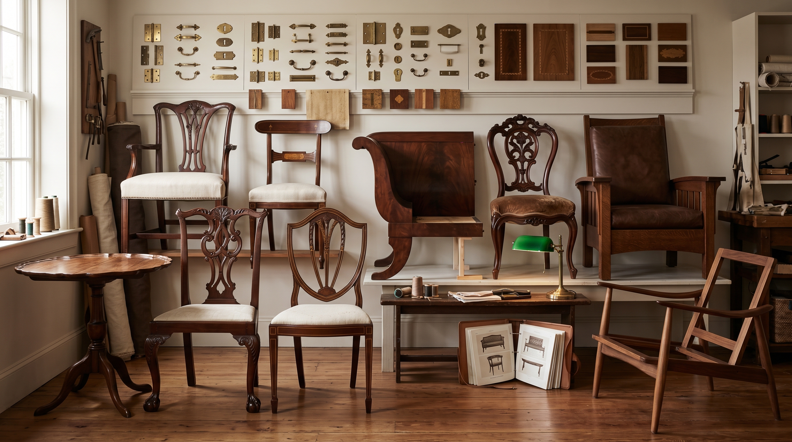 Bergerie restoration room period-survey display — Queen Anne walnut tilt-top tea table, Chippendale ribbon-back side chair, Federal Hepplewhite shield-back with satinwood stringing, Empire mahogany sleigh-arm fragment, Belter Rococo-Revival rosewood side chair, Stickley quartersawn-oak Morris chair, mid-century walnut lounge frame, wall-display of period brass hardware