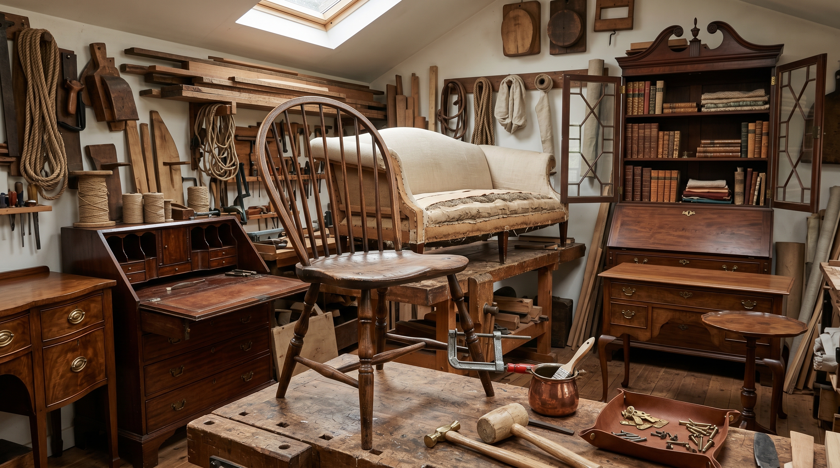 Bergerie restoration bay with named antique pieces mid-restoration — bow-back Windsor chair on a wooden form with one stretcher being re-glued, Camelback sofa in muslin with horsehair edge-roll, Federal slant-front desk with writing flap open, Hepplewhite serpentine sideboard, walnut Queen Anne lowboy, tilt-top candlestand, Federal secretary in the background, hide-glue pot