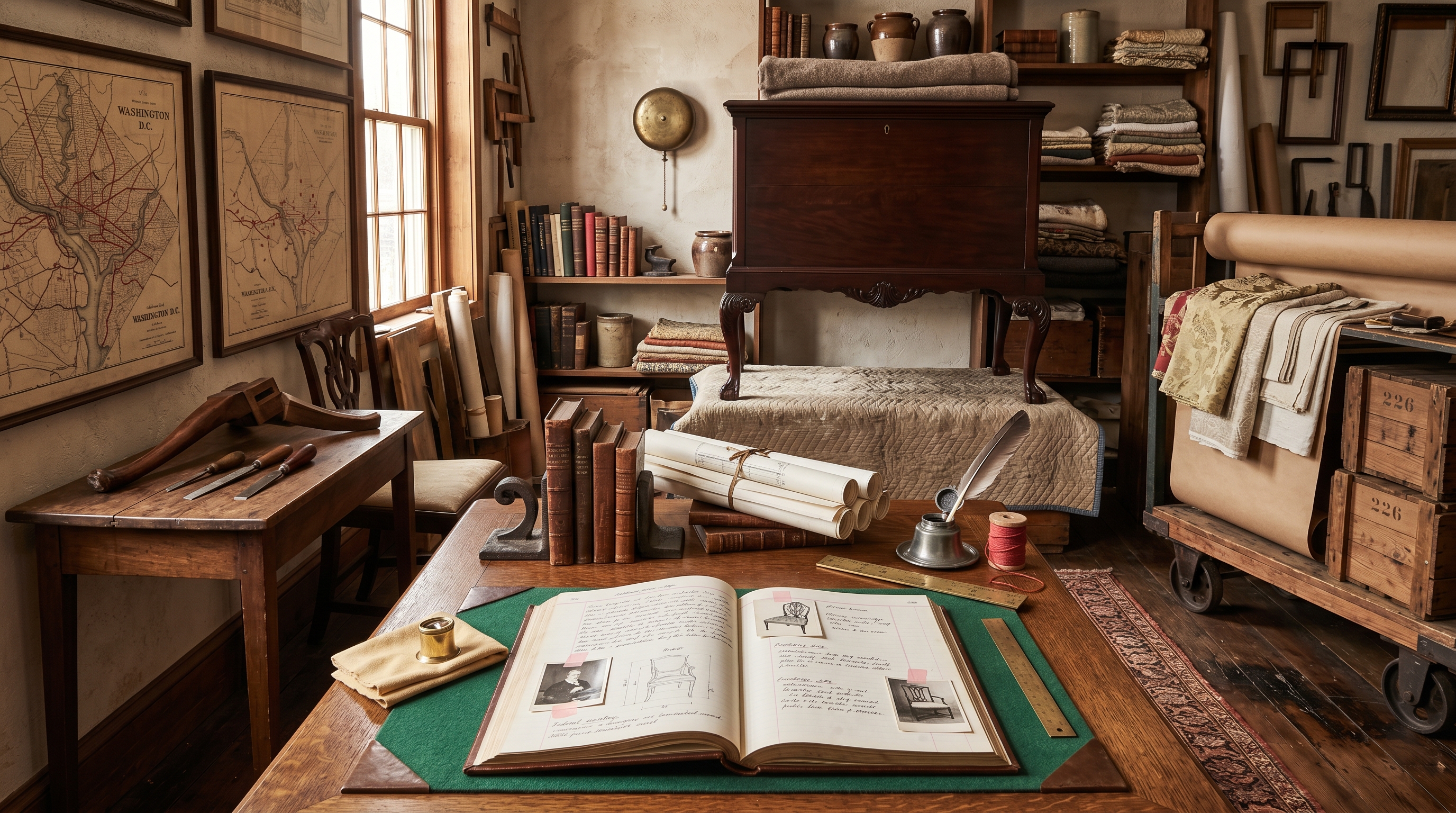Bergerie antique-assessment alcove where Antonio quotes pieces in person — leather-topped partners' desk with open assessment ledger of a Federal secretary, pencil sketches of a Belter chair crest, brass loupe on chamois, antique Federal mahogany highboy on a quilted moving pad ready for the bench, wooden cargo dolly, Federal-period DC metro pickup map
