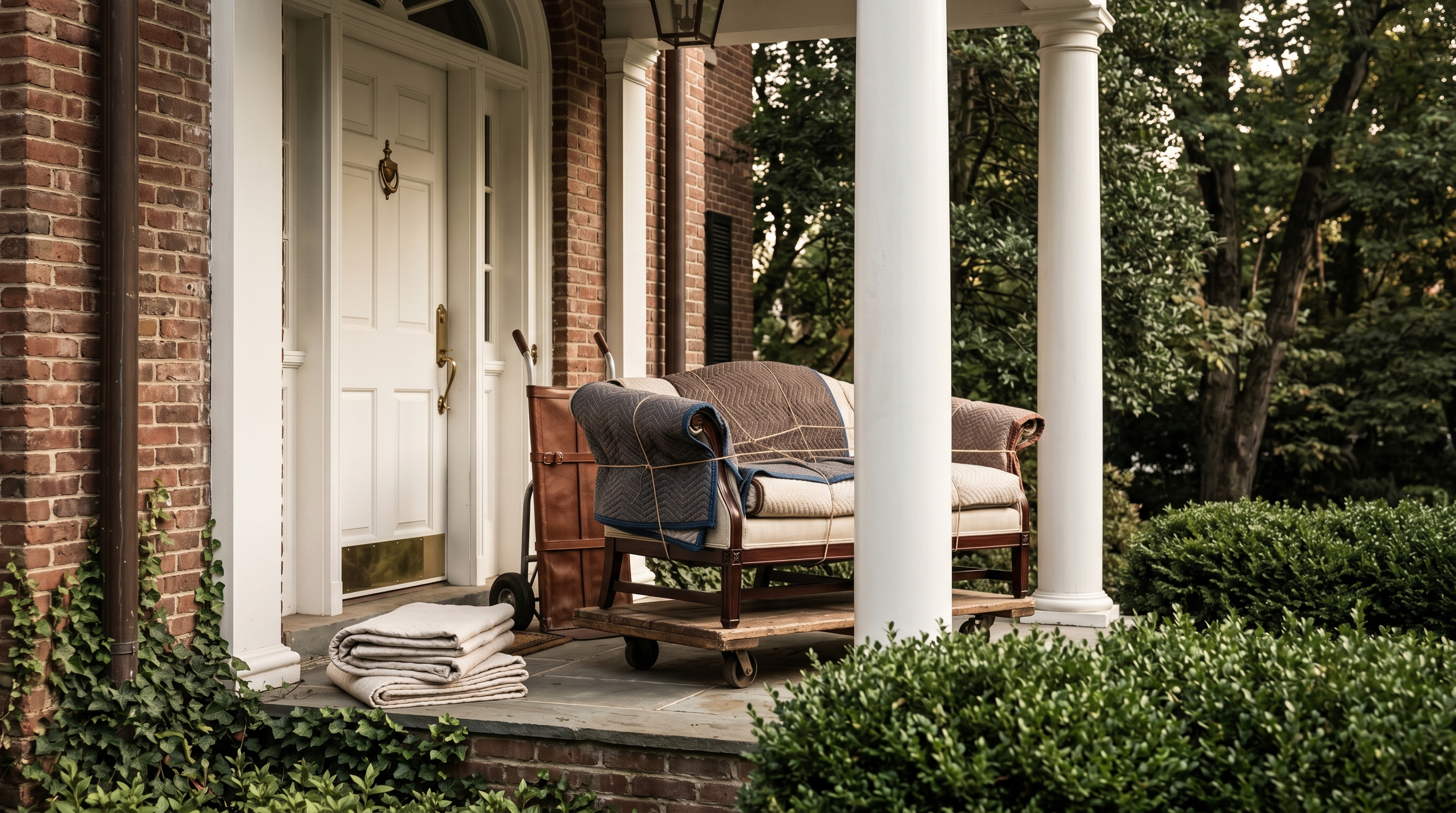Bethesda porte-cochère at golden hour — pair of blanket-wrapped wing chairs on a wooden cargo dolly inside the stone arch, brass coach lantern overhead, cobble-and-gravel drive curving back, mature oaks arching, cotton tie-downs coiled
