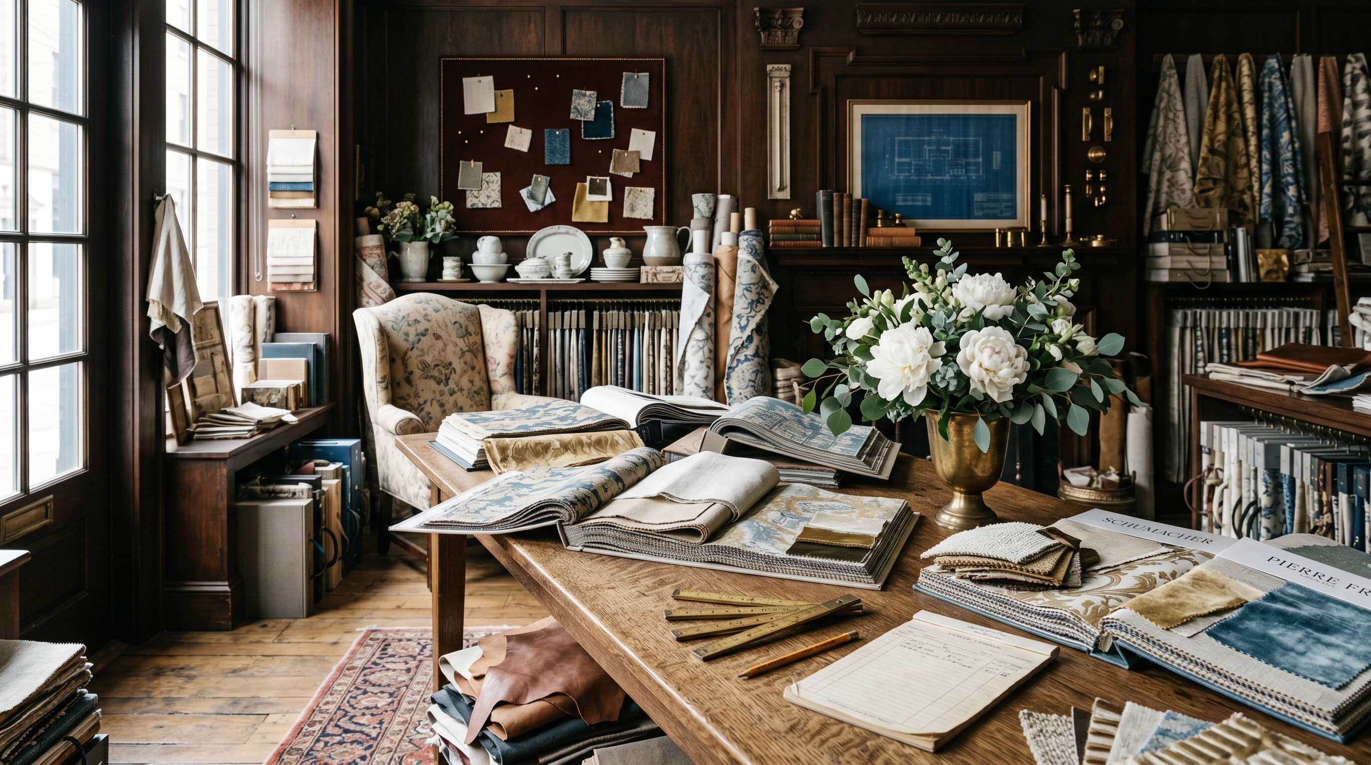 Bethesda designer's workroom — quartersawn-oak trade table with Schumacher and Brunschwig & Fils memo books, brass-and-green-glass desk lamp, leather portfolio open to elevation sketches, sample chair in cream linen, framed botanicals above