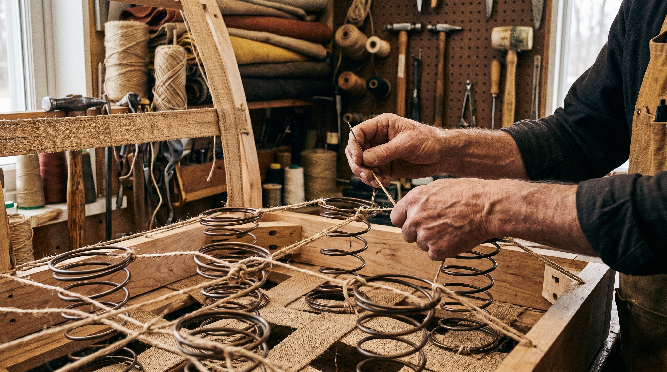 Eight-way hand-tied jute springs being knotted by hand into a kiln-dried maple sofa frame — figure-eight waxed-twine lattice across rows of coil springs on stretched jute webbing tacked with copper cut-tacks, horsehair and cotton batting waiting, brass-and-green-glass workshop lamp, mortise-and-tenon corner block visible