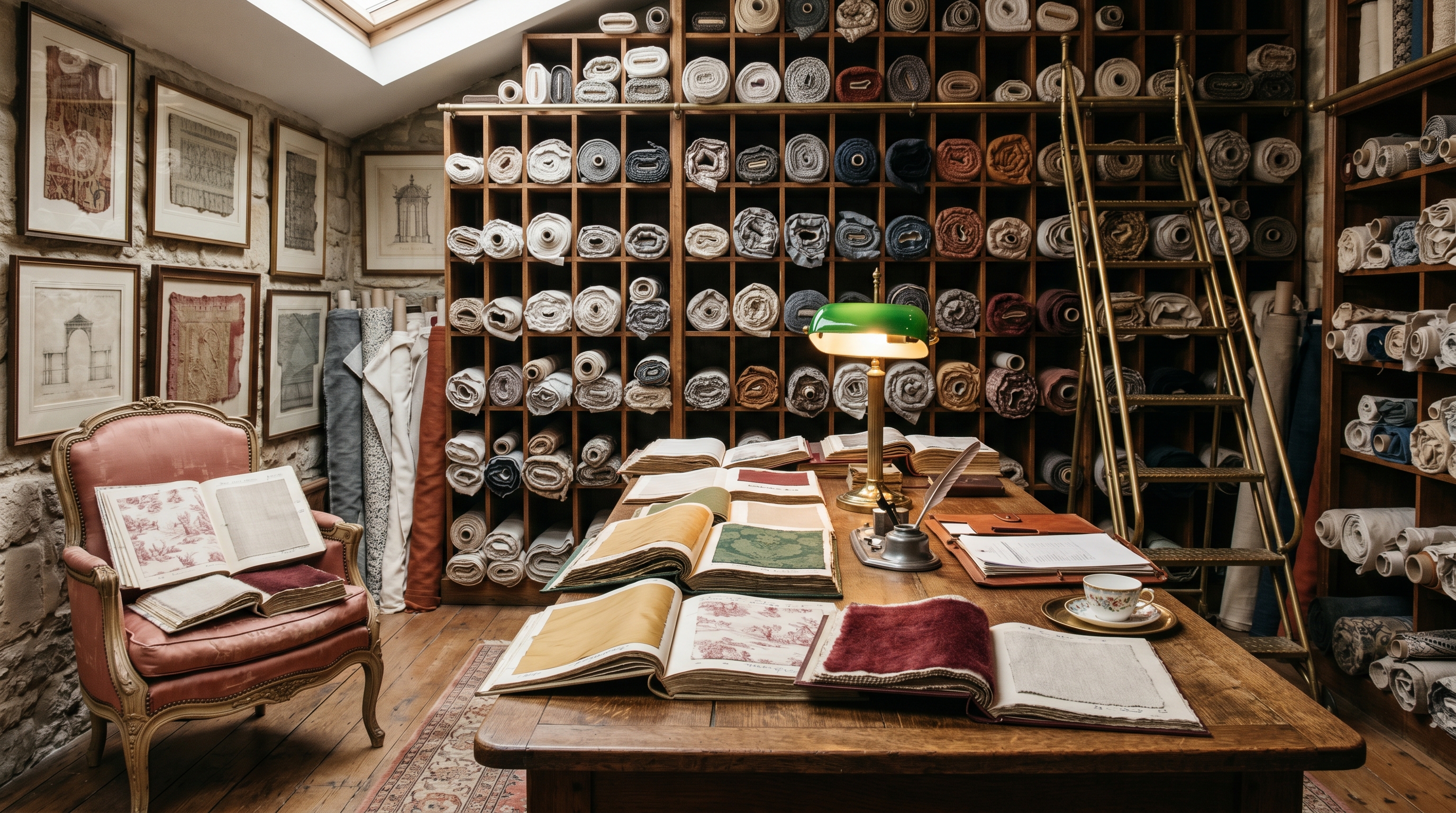 Colvin Street trade fabric library by appointment — long quartersawn-oak trade table layered with open memo books of ochre silk, forest-green damask, faded toile, oxblood mohair, oyster linen, wall of floor-to-ceiling pigeonholes holding rolled fabric bolts, faded rose-silk bergère piled with sample books, brass library ladder, brass desk lamp