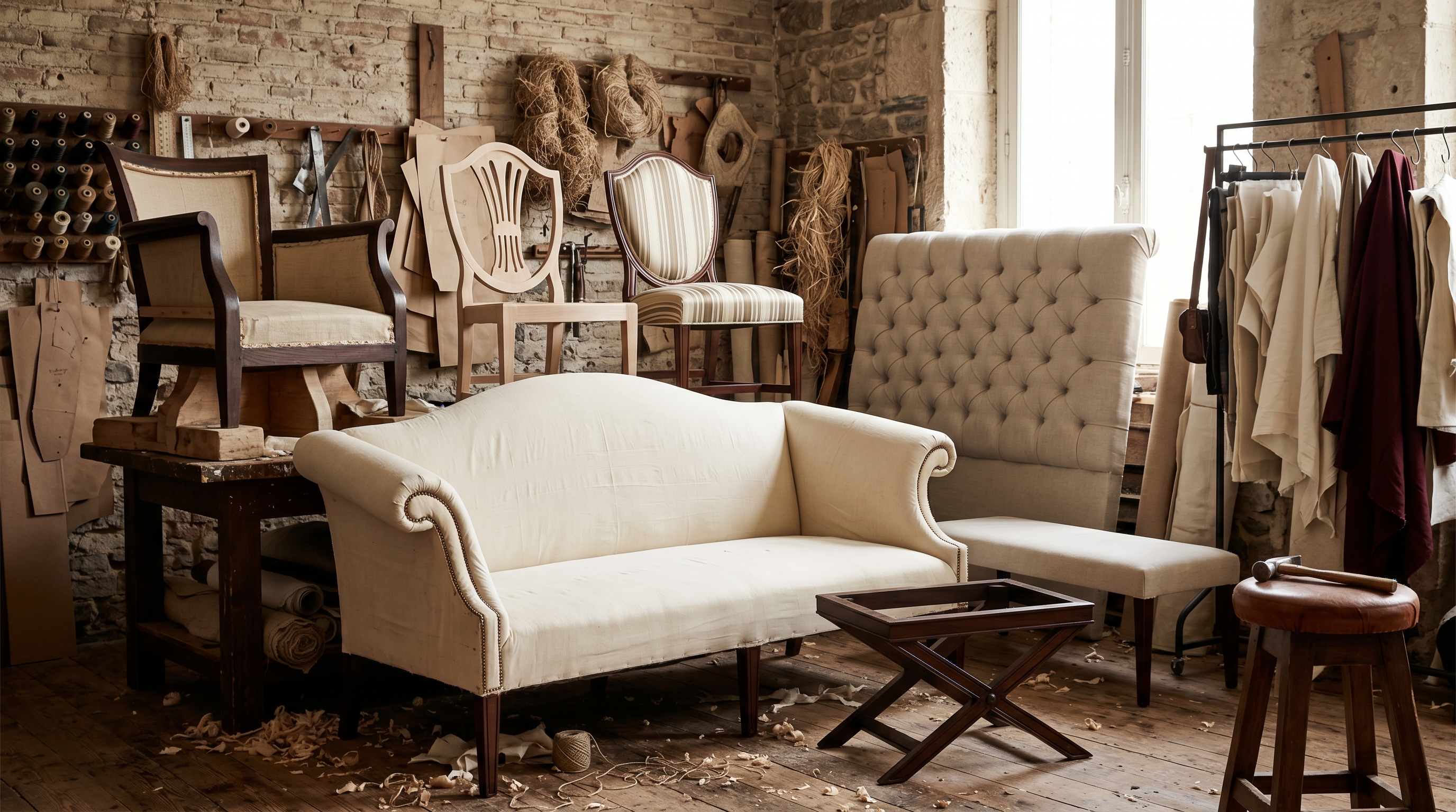 Bergerie workshop bay tableau of what we build — Camelback sofa in muslin on the front bench with horsehair edge-roll, pair of Hepplewhite shield-back dining chairs one raw maple one in striped silk, club chair frame on a wooden form, tufted oyster-linen headboard against the wall, X-base ottoman and foot-of-bed bench in front, fabric bolts on a rack