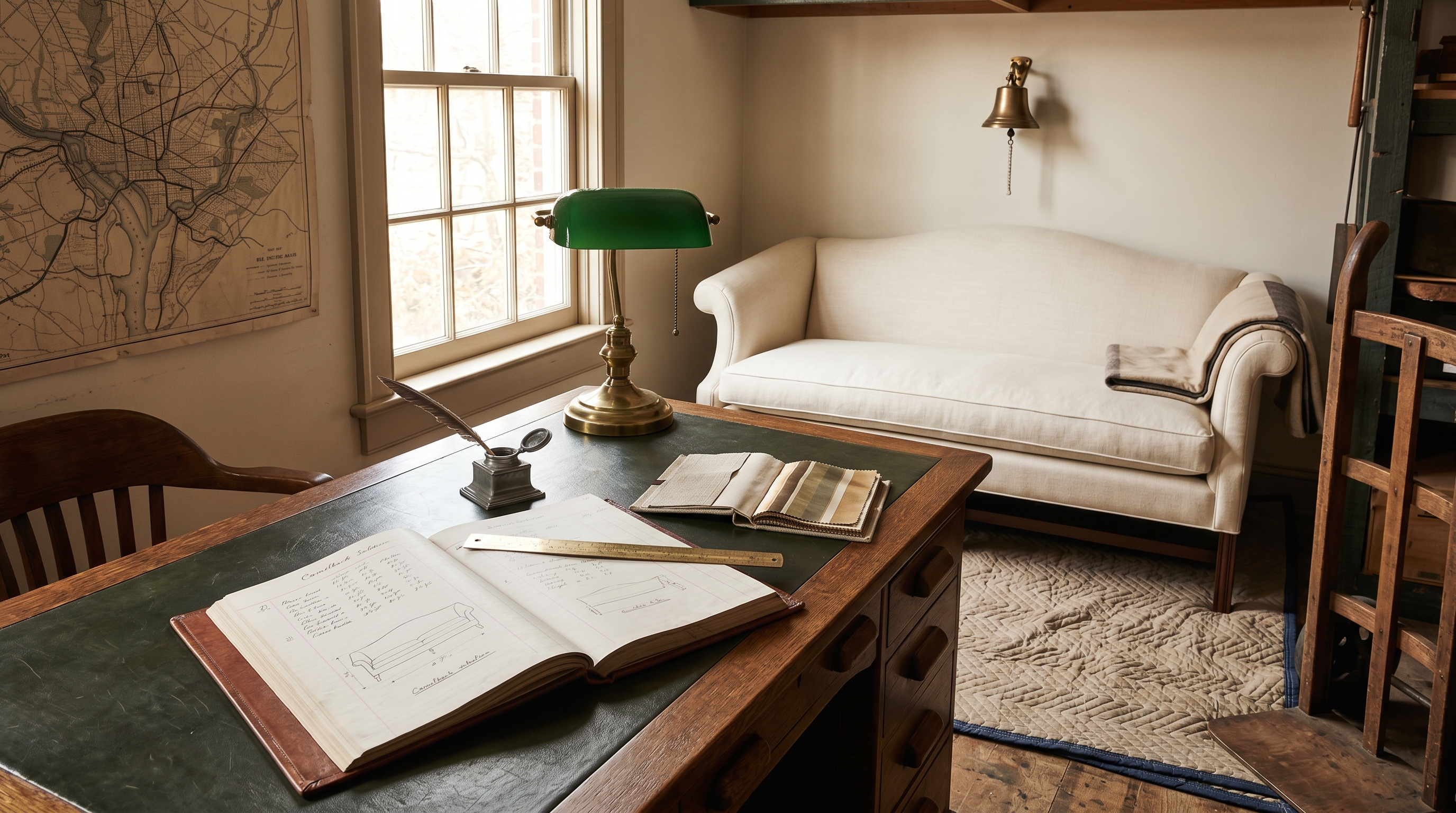 Bergerie consultation alcove where pieces are quoted in person — leather-topped quartersawn-oak partners' desk with open leather-bound ledger and pencil sketches of a Camelback sofa elevation, brass scale ruler, antique pewter inkwell, finished cream-linen Camelback sofa on quilted moving pads ready for delivery, brass workshop bell on the wall, Federal-period DC metro map
