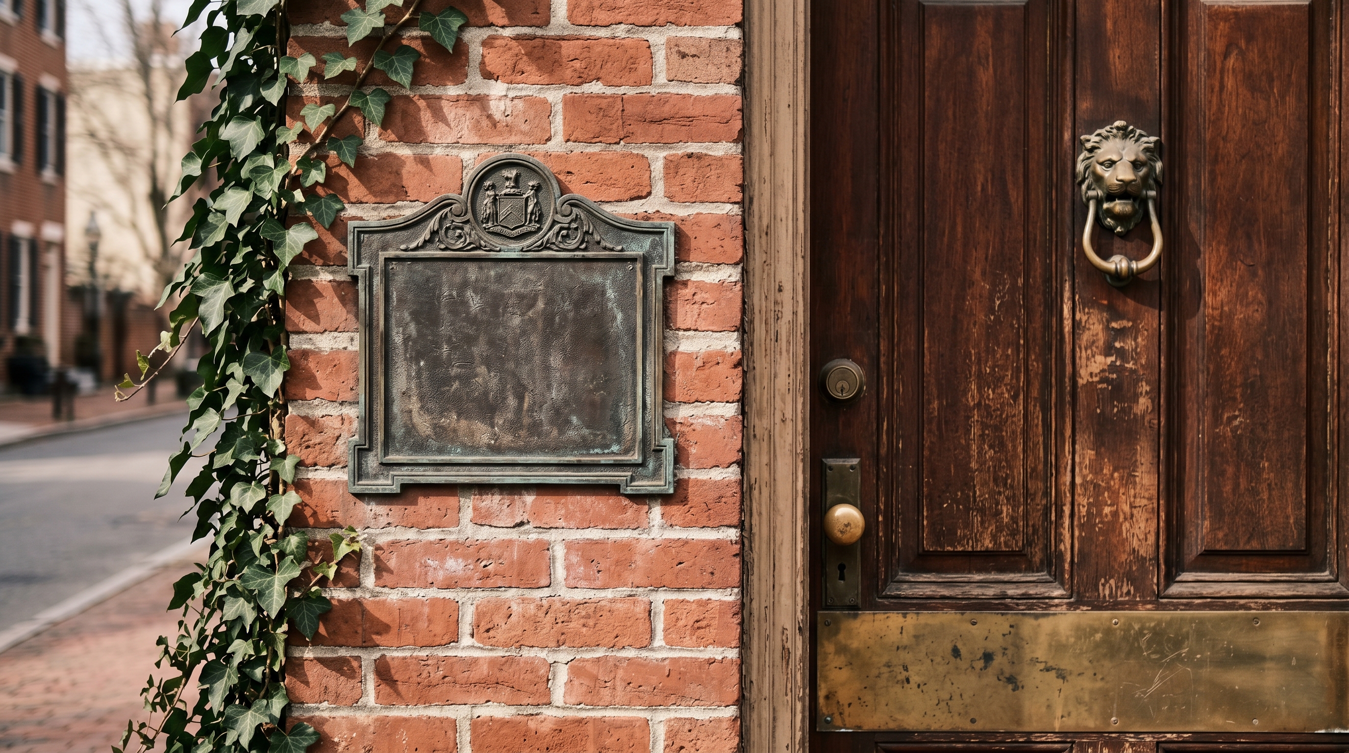 Historic preservation plaque on a Federal-period rowhouse beside an original 1840s wooden front door with brass knocker