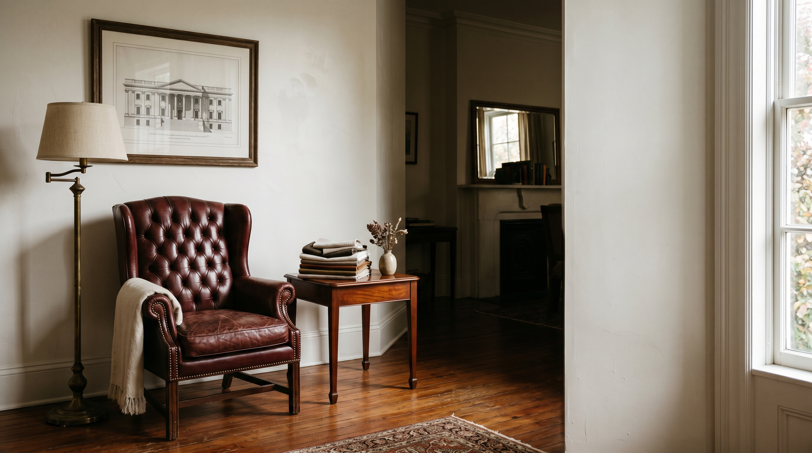 Capitol Hill rowhouse parlor in contemporary-traditional style — tufted oxblood-leather wing chair, brass floor lamp, fabric samples on mahogany side table