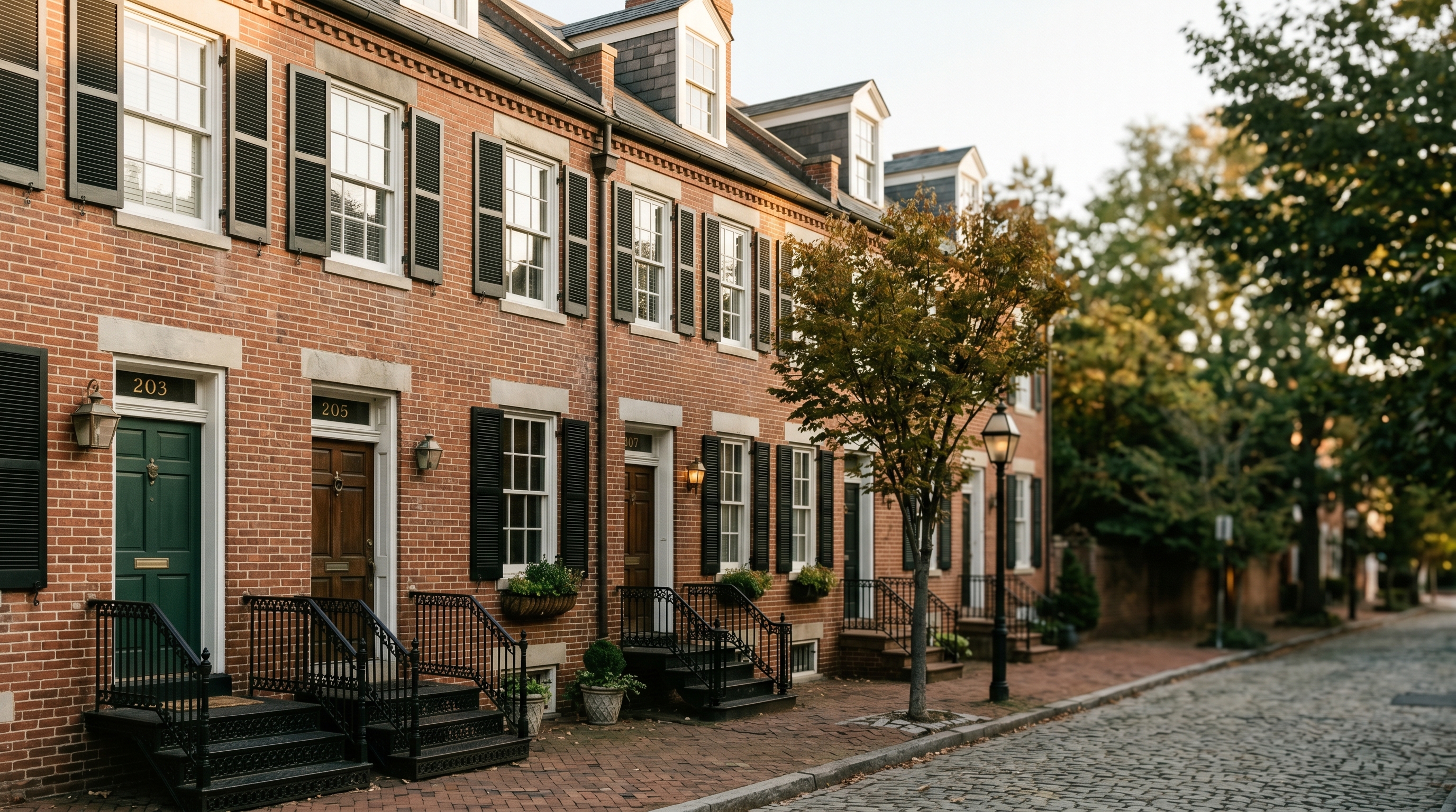 Federal-period brick rowhouses on Capitol Hill — black-painted shutters, brass house numbers, wrought-iron front-stoop railings, morning light