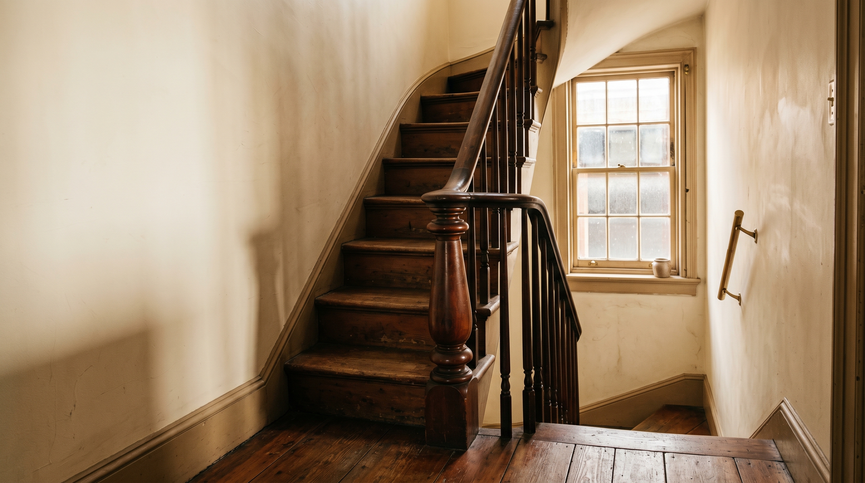 Narrow Capitol Hill rowhouse staircase — 1840s wooden newel post, polished mahogany handrail, tight landing, wide-plank wood floor on the parlor below
