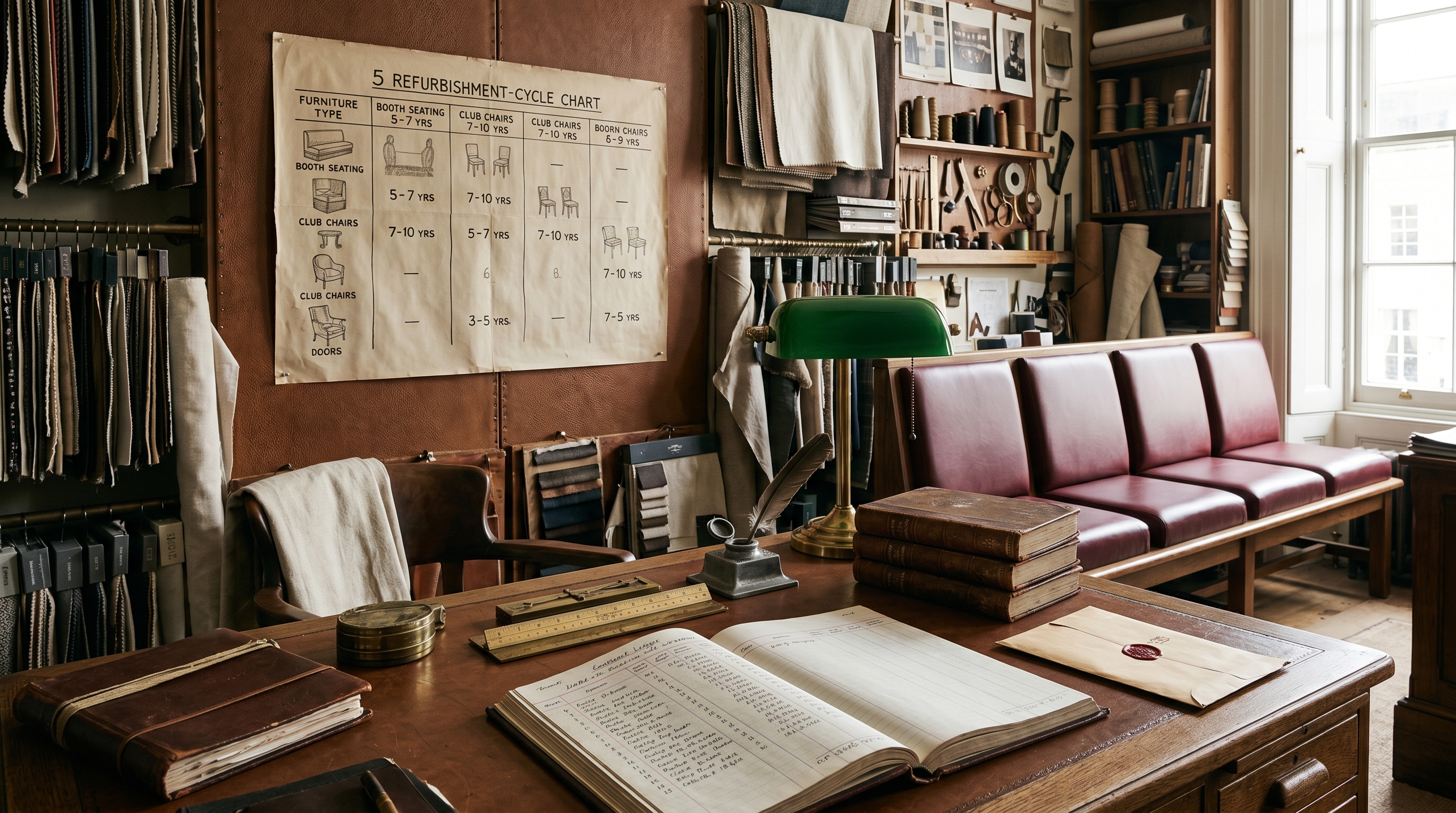 Bergerie commercial-bids alcove where Jose Rugerio prepares contract proposals — leather-topped partners' desk with open contract ledger of a hotel-FF&E program, hand-drawn refurbishment-cycle wall chart pinned above (booth 5–7 years, club chairs 7–10), brass scale ruler, antique pewter inkwell, stack of leather-bound bid portfolios, batch of four identical oxblood-vinyl restaurant booth-benches staged behind