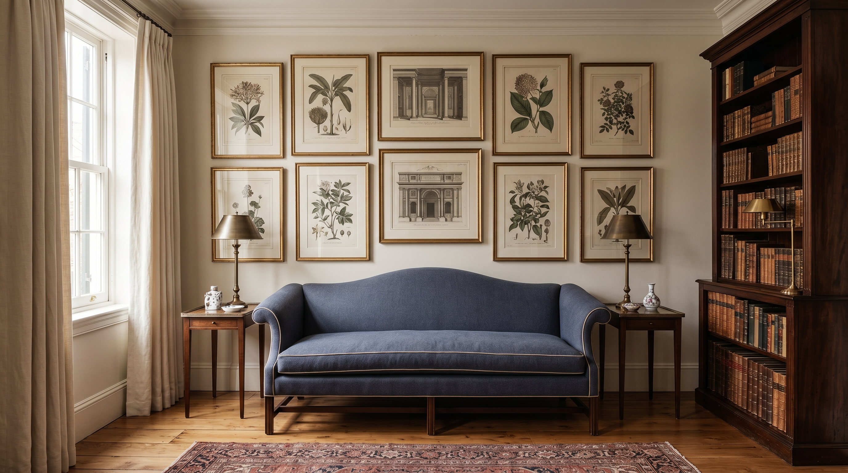 Capitol Hill Federal-period rowhouse parlor — narrow proportions, 72-inch Camelback sofa in indigo wool, sash window, brass reading lamp