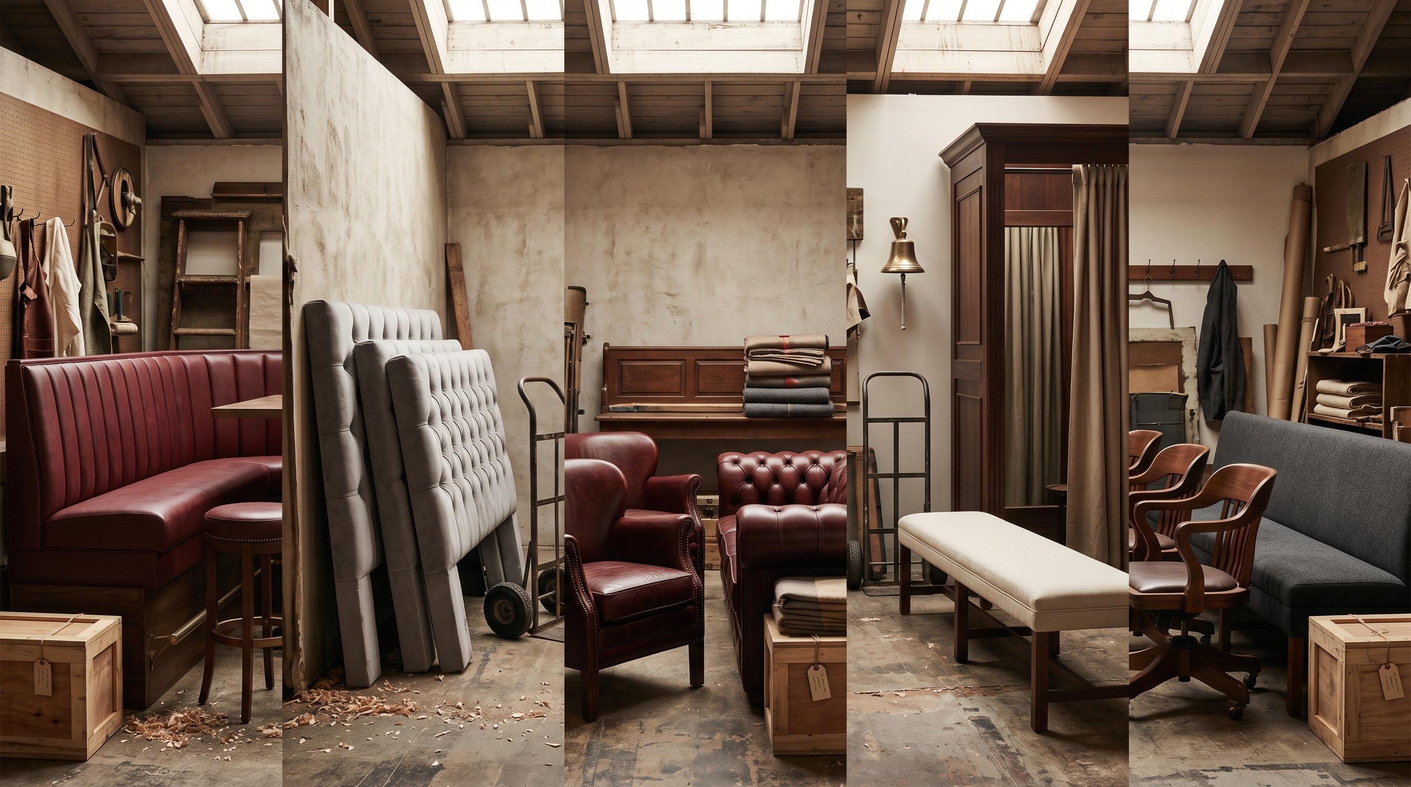 Bergerie commercial-staging bay arranged as a five-vertical tableau — oxblood-vinyl restaurant booth-bench with matching bar stool, row of dove-gray tufted-velvet hotel headboards, oxblood-leather private-club library chairs and tufted Chesterfield, cream-linen retail bench and fitting-room curtain frame, cluster of walnut-frame executive task chairs and a charcoal-wool conference banquette