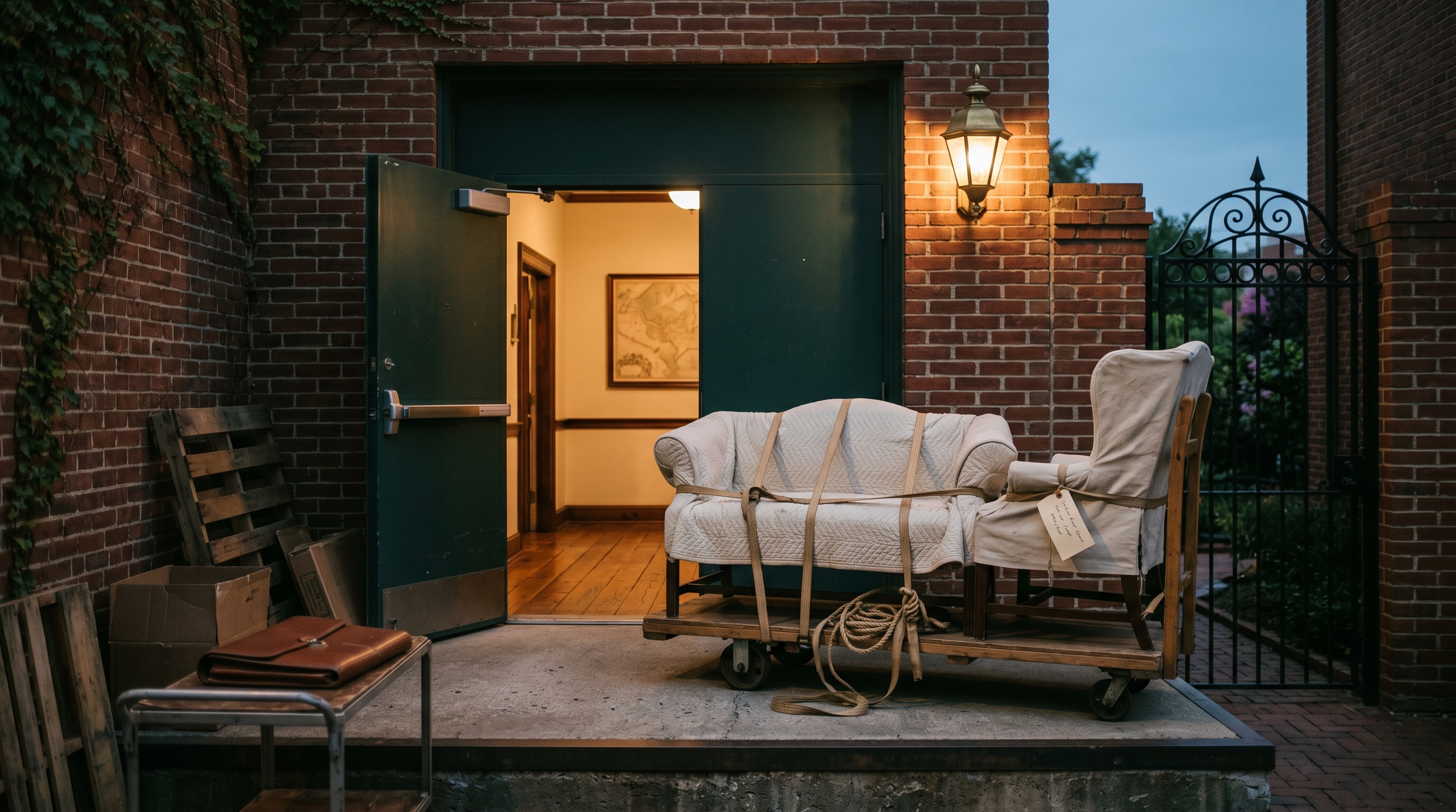 K Street corporate building's after-hours rear loading-dock entrance at 7:30 p.m. — unmarked wooden cargo dolly inside the open dock-bay threshold holding a blanket-wrapped law-firm reception settee and a wrapped partner-office wing chair tagged with hand-tied jute, brick rear-of-house with a paneled steel service door under a single dock-house brass lantern, glimpse of a back-of-house corridor with heart-pine floor and dim brass sconces, embassy-style finial on the rear gate