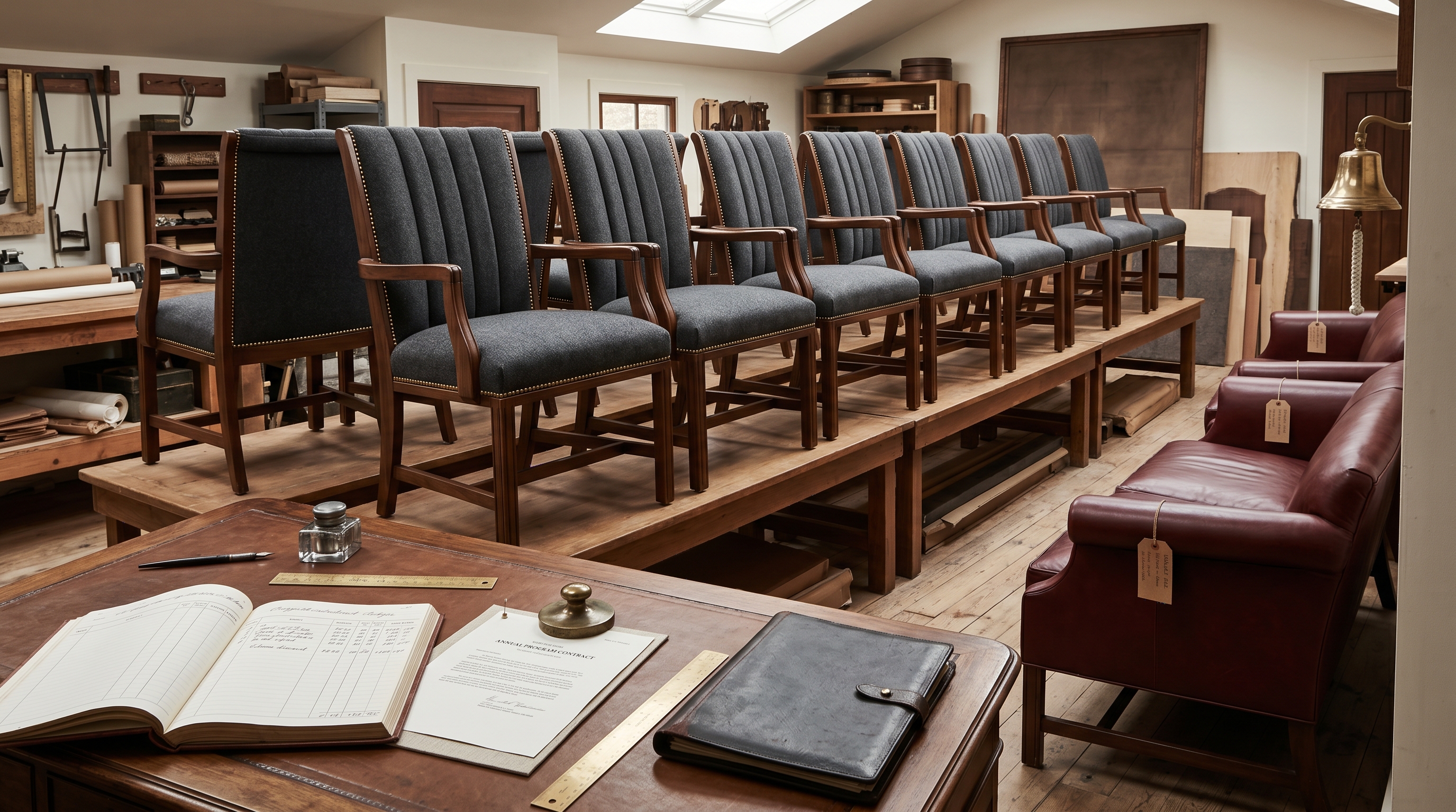 Bergerie corporate-batch staging bay for a matched-set conference-room refurbishment — row of twelve identical executive walnut-frame board-room chairs in charcoal wool with channel-stitched backs lined up across two parallel benches each at an identical stage, foreground pricing desk with an open program-contract ledger showing hand-written per-piece rates and a set-discount calculation, letterpress annual-program-contract draft pinned with a brass paperweight, paired oxblood-leather reception-room sofas