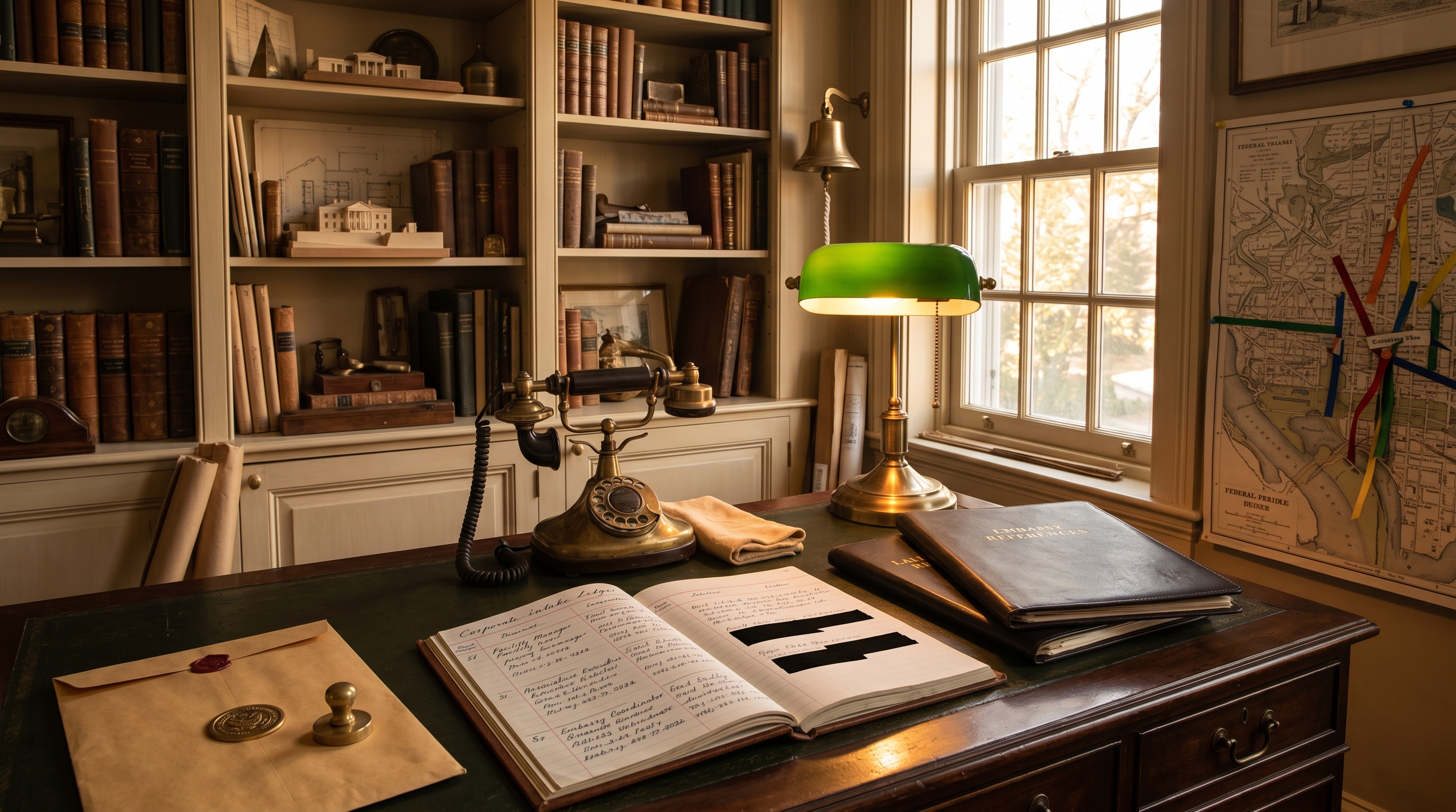 Antonio's workshop office for corporate-facility-manager and embassy-coordinator calls — leather-topped Federal writing desk with an antique brass-and-bakelite candlestick rotary telephone receiver resting on a folded chamois, leather-bound corporate-intake ledger open to a three-column call log (law firm / association / embassy), redacted EMBASSY REFERENCES and LAW FIRM REFERENCES portfolios, wax-sealed NDA envelope with brass diplomatic-seal stamp, DC-metro map with K Street / Embassy Row / federal-triangle ribbons