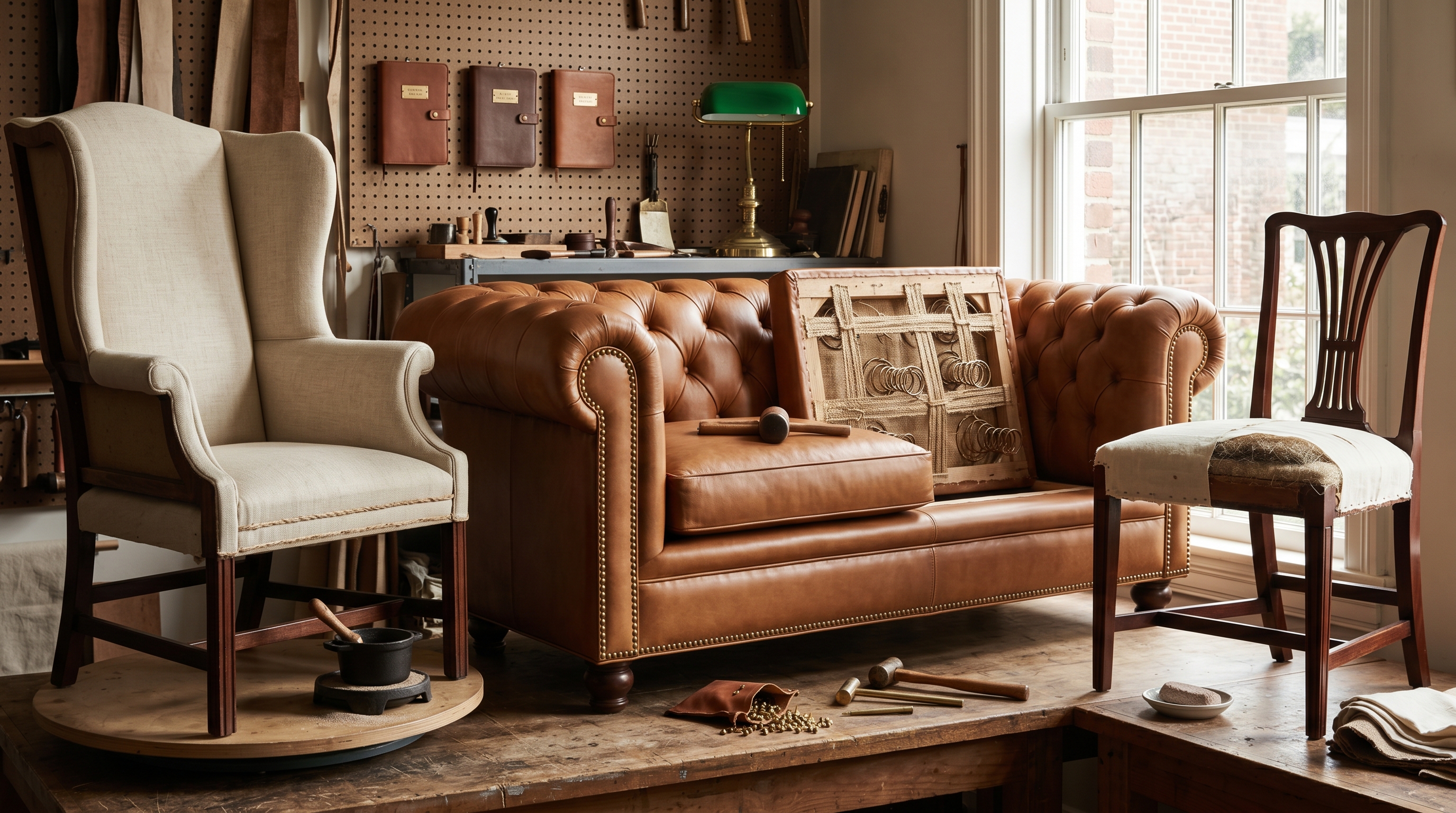 Bergerie workshop bench with three iconic corporate executive-grade pieces mid period-correct restoration — saddle-tan Moore-&-Giles top-grain leather Chesterfield with the front rail being trimmed in tight 1/2-inch brass-cap nail-head and visible eight-way hand-tied jute springs at the seat platform, Chippendale wing chair with mortise-and-tenon joints being re-glued in hide-glue and a hand-stitched edge roll, Federal mahogany executive side chair with horsehair stuffing under half-tacked muslin