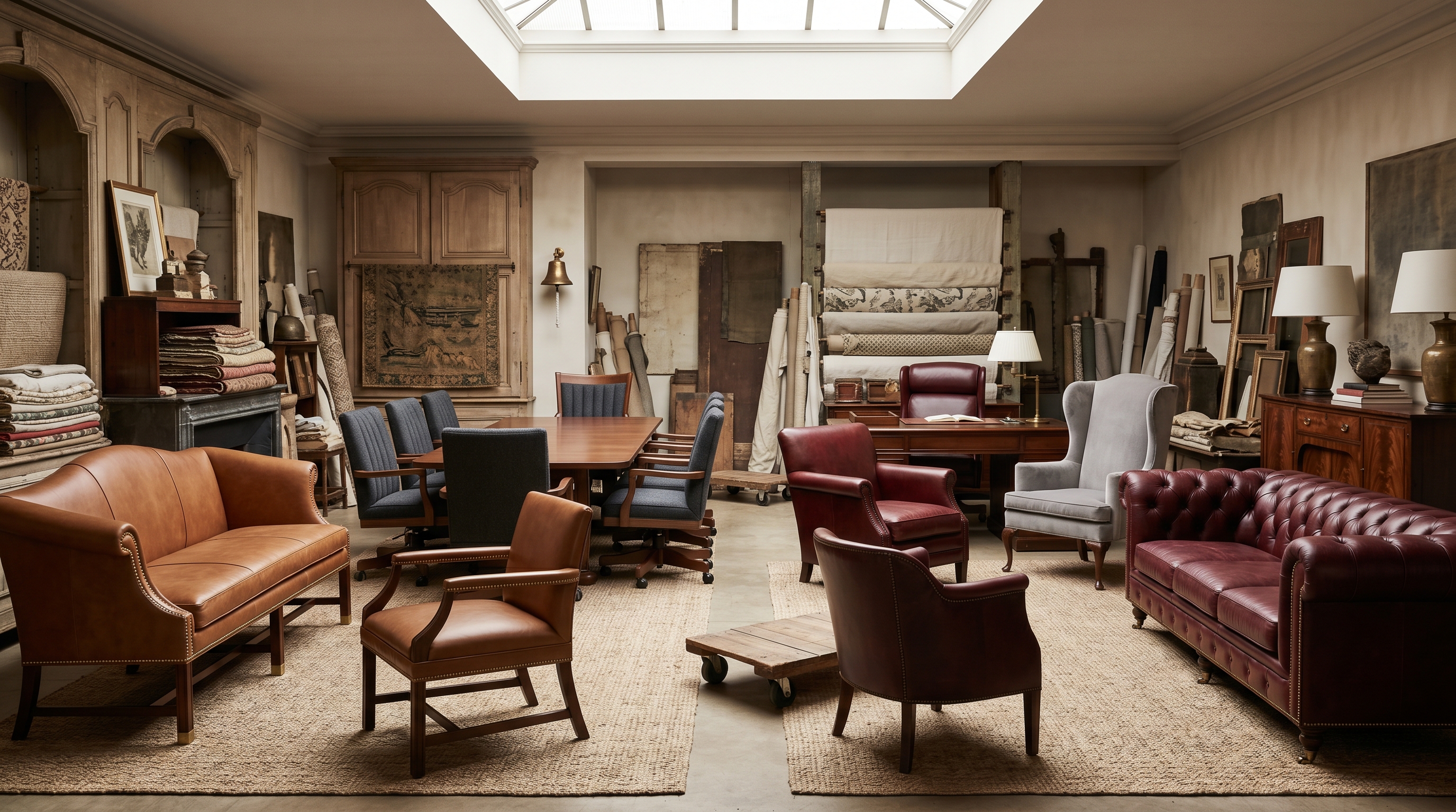 Bergerie corporate-staging bay four-buyer tableau — K-Street-law-firm reception settee in saddle-tan top-grain leather with brass-cap nailhead trim, board-room set of six identical executive walnut-frame chairs in charcoal wool with channel-stitched backs, partner-office oxblood top-grain club chair behind a Federal mahogany partners' desk with a dove-gray contract-velvet wingback across, embassy reception tufted burgundy-leather Chesterfield with brass nailhead and a Federal sideboard