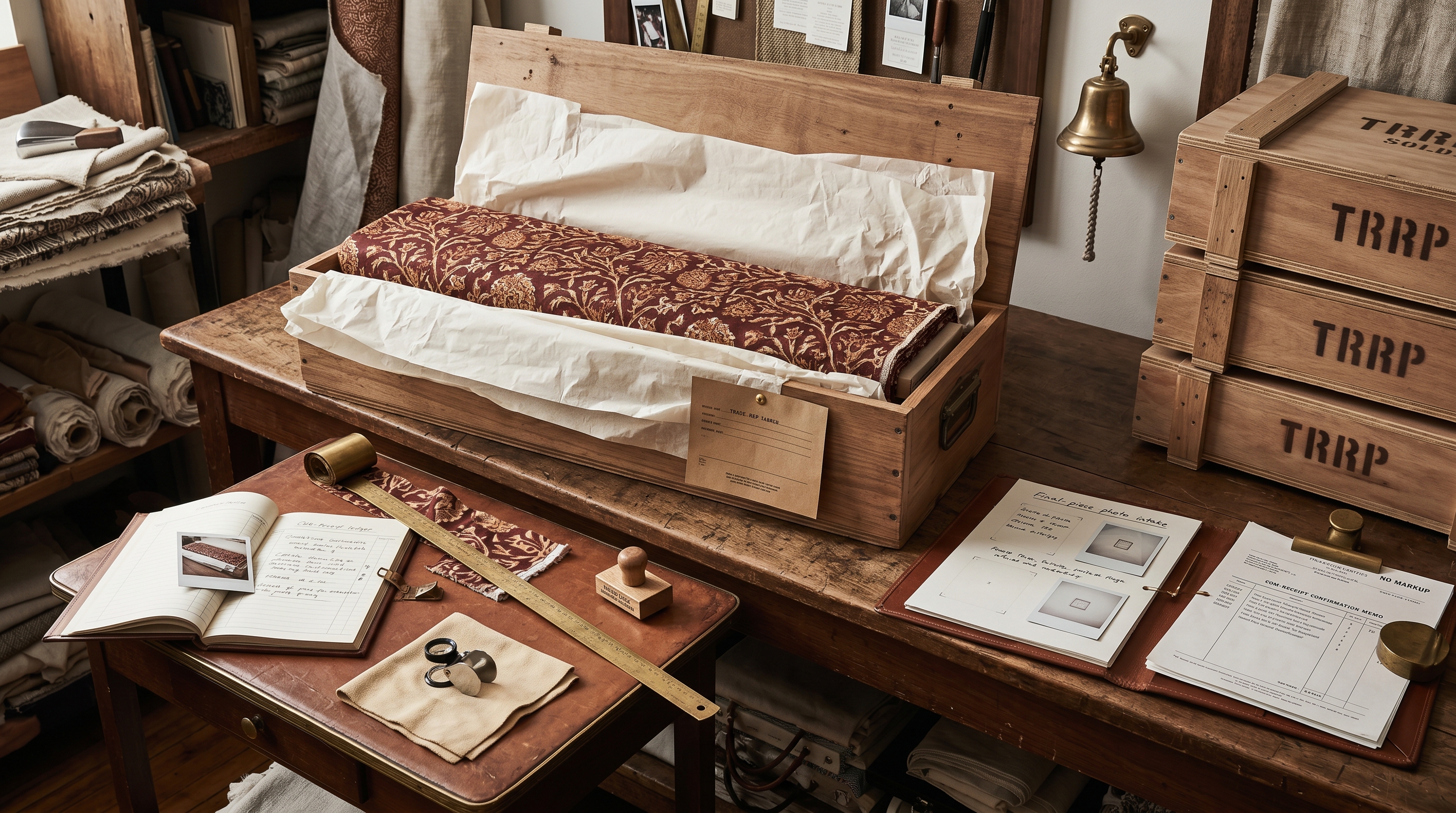 Bergerie COM-intake bench for a freshly-arrived trade-rep shipment — open wooden shipping crate with a heavy bolt of designer hand-blocked oxblood-and-ochre botanical fabric partially unwrapped from cream tissue, brown-craft trade-rep ship label tacked with brass, leather-bound COM-receipt ledger open to a hand-written condition memo with a Polaroid clipped to the page, brass yardage rule unspooled across a 12-yard pull, NO MARKUP letterpress confirmation memo, sealed shipping crates staged behind