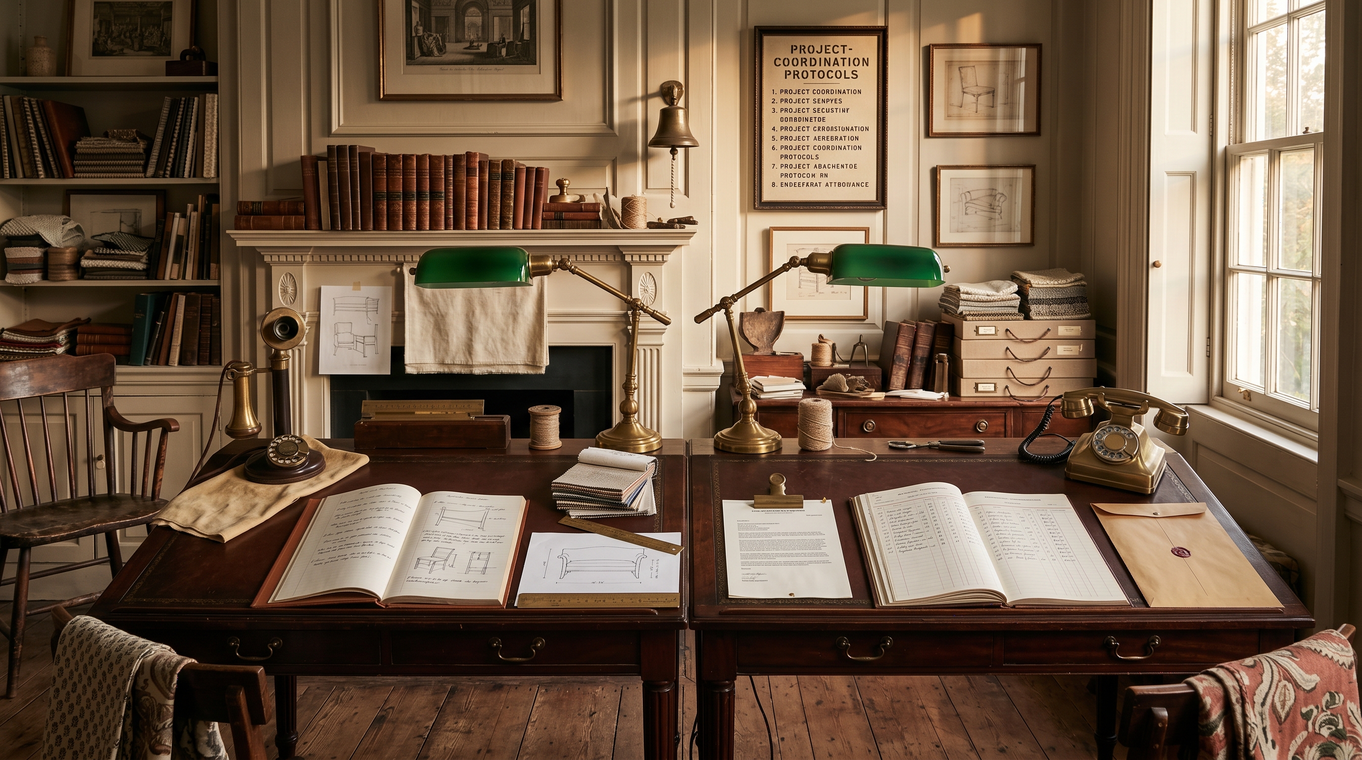 Bergerie dual trade-direct office — two leather-topped Federal partners' desks pushed together: ANTONIO desk with an antique brass-and-bakelite candlestick rotary telephone, spec-conversation ledger open to an eight-way-hand-tied vs sinuous-spring decision, fabric memos and a hand-drawn elevation; JOSE desk with a brass-cased rotary, administrative-coordination ledger with a three-column project-account log, letterpress trade-account agreement template, wax-sealed manila intake envelope, two brass desk lamps and a single workshop bell above