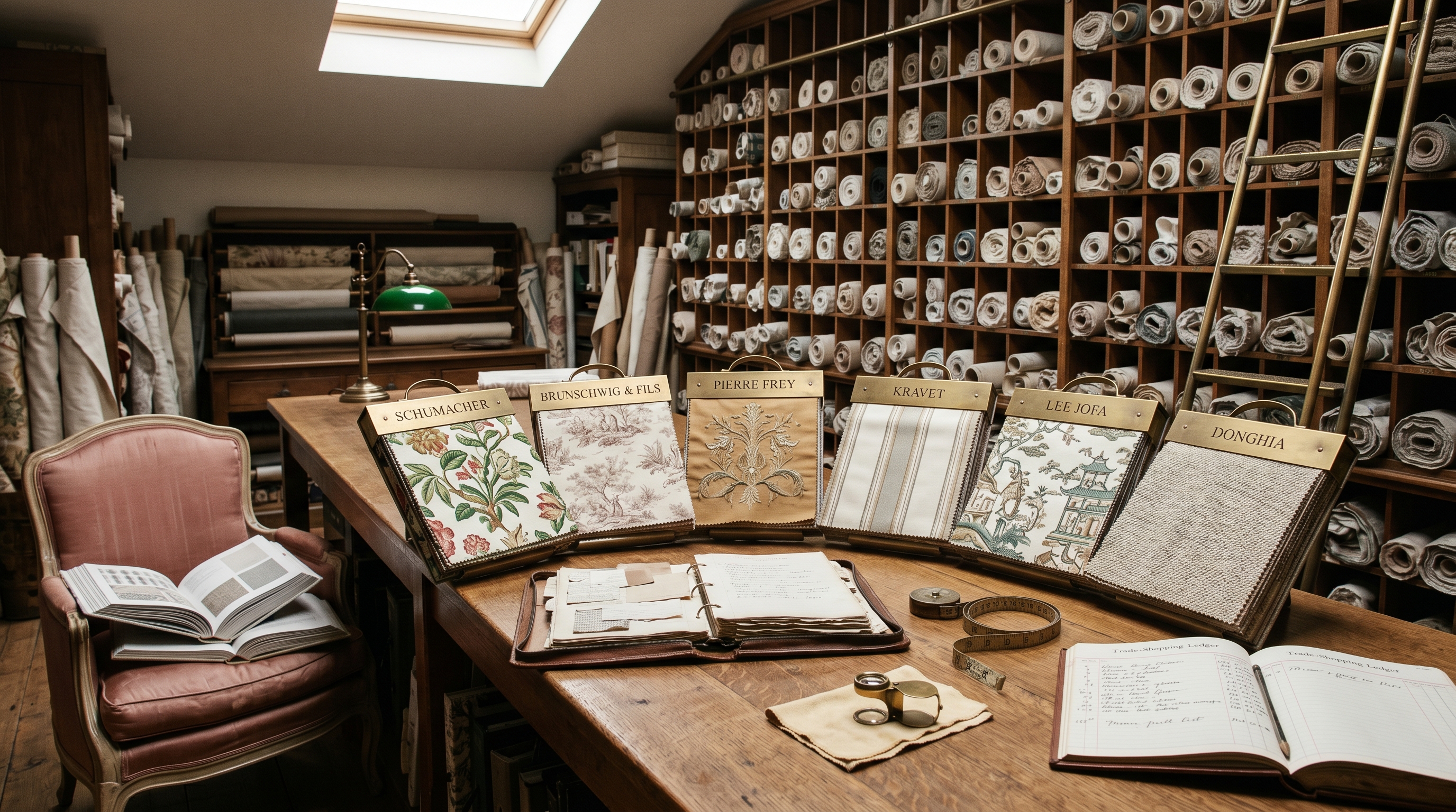 Colvin Street workshop fabric library mid trade-designer memo-shop — quartersawn-oak trade table with six labeled trade-house sample books fanned in arc formation around an open leather portfolio: Schumacher botanical print, Brunschwig & Fils faded toile, Pierre Frey embroidered ochre silk, Kravet striped damask, Lee Jofa chinoiserie, Donghia textured wool, wall of floor-to-ceiling pigeonholes with rolled memo bolts, brass library ladder, faded rose-silk bergère with performance-fabric memo books