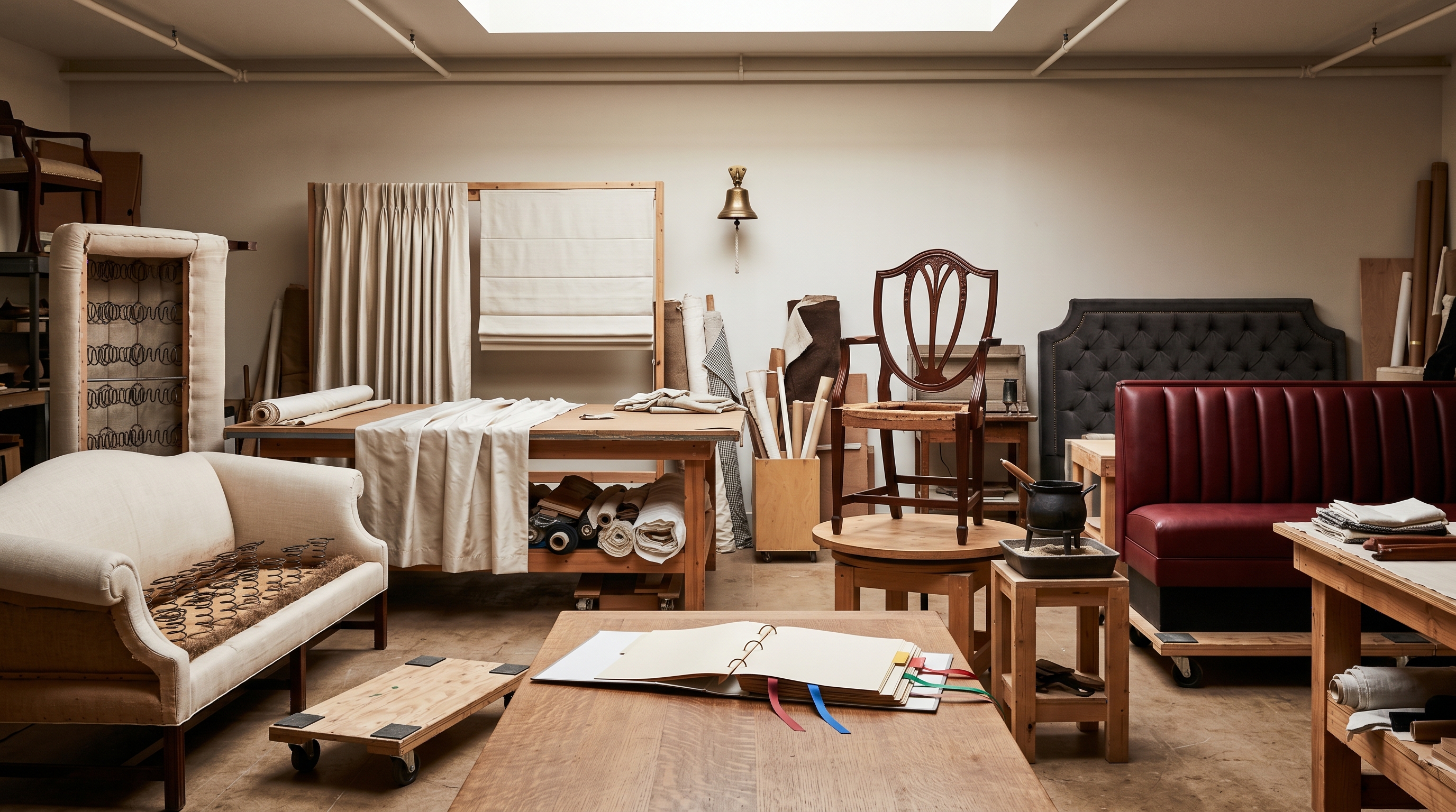 Bergerie unified-workshop floor four-scope tableau — FURNITURE: Camelback sofa in muslin mid-eight-way-hand-tied with horsehair edge-roll, SOFT GOODS: cutting table with a triple-pinch-pleat oyster-silk drapery panel pinned mid-fabrication and a finished Roman shade, ANTIQUE RESTORATION: Federal Hepplewhite shield-back side chair on a turntable mid hide-glue stabilization, COMMERCIAL: oxblood-vinyl restaurant booth-bench and tufted charcoal-velvet hotel headboard, single designer's project folder linking all four with colored ribbons