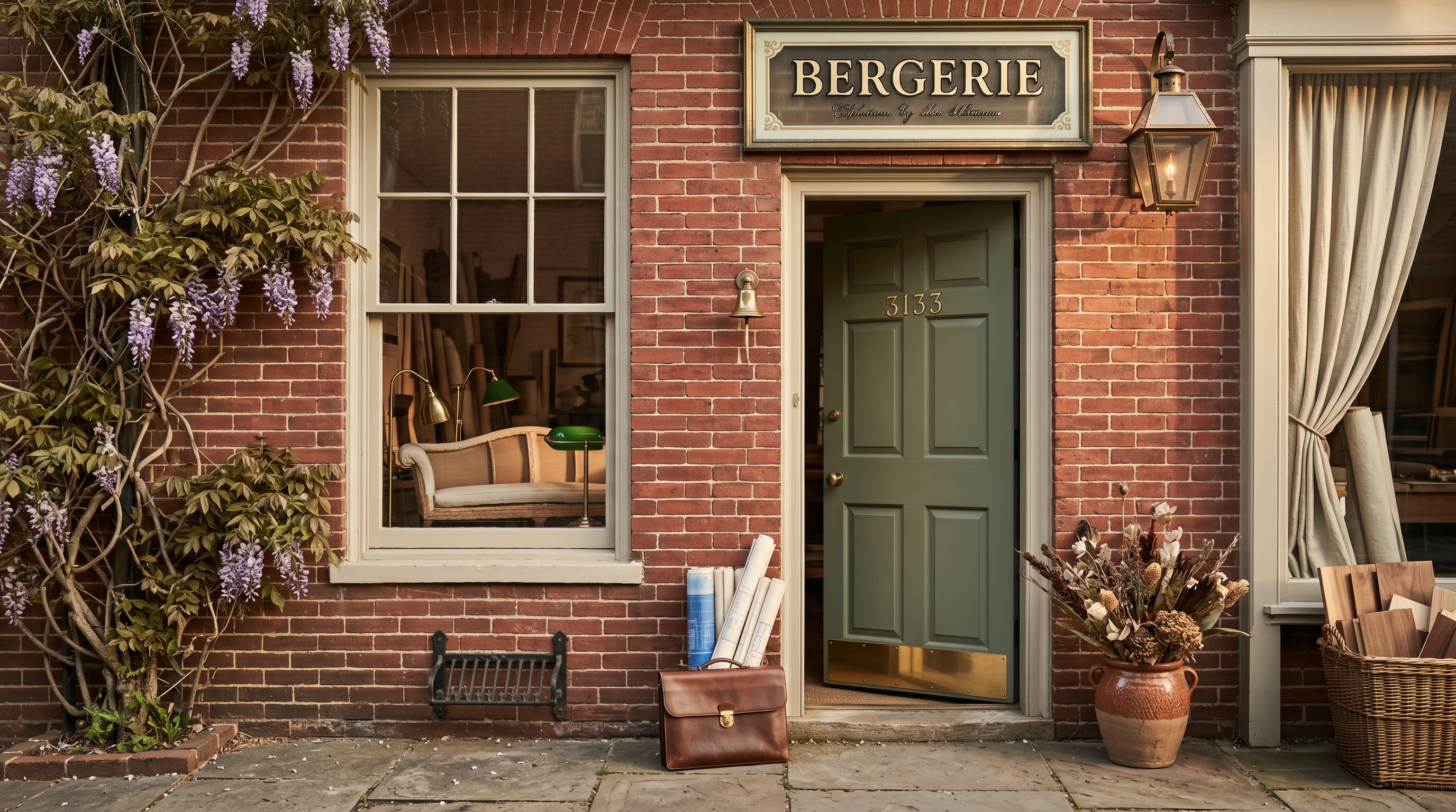 Colvin Street workshop's brick facade at golden hour during a trade-designer's appointment arrival — Federal-period red-brick facade with a tall twelve-pane sash window, painted-glass workshop sign reading BERGERIE in oxidized brass-and-cream stencil, paneled green-painted Federal door with a brass kick-plate and polished brass house-number 3133 above, climbing wisteria, wrought-iron boot-scraper, designer's brass-clasped leather portfolio just set on the doorstep, glimpse of a Camelback frame through the ajar door