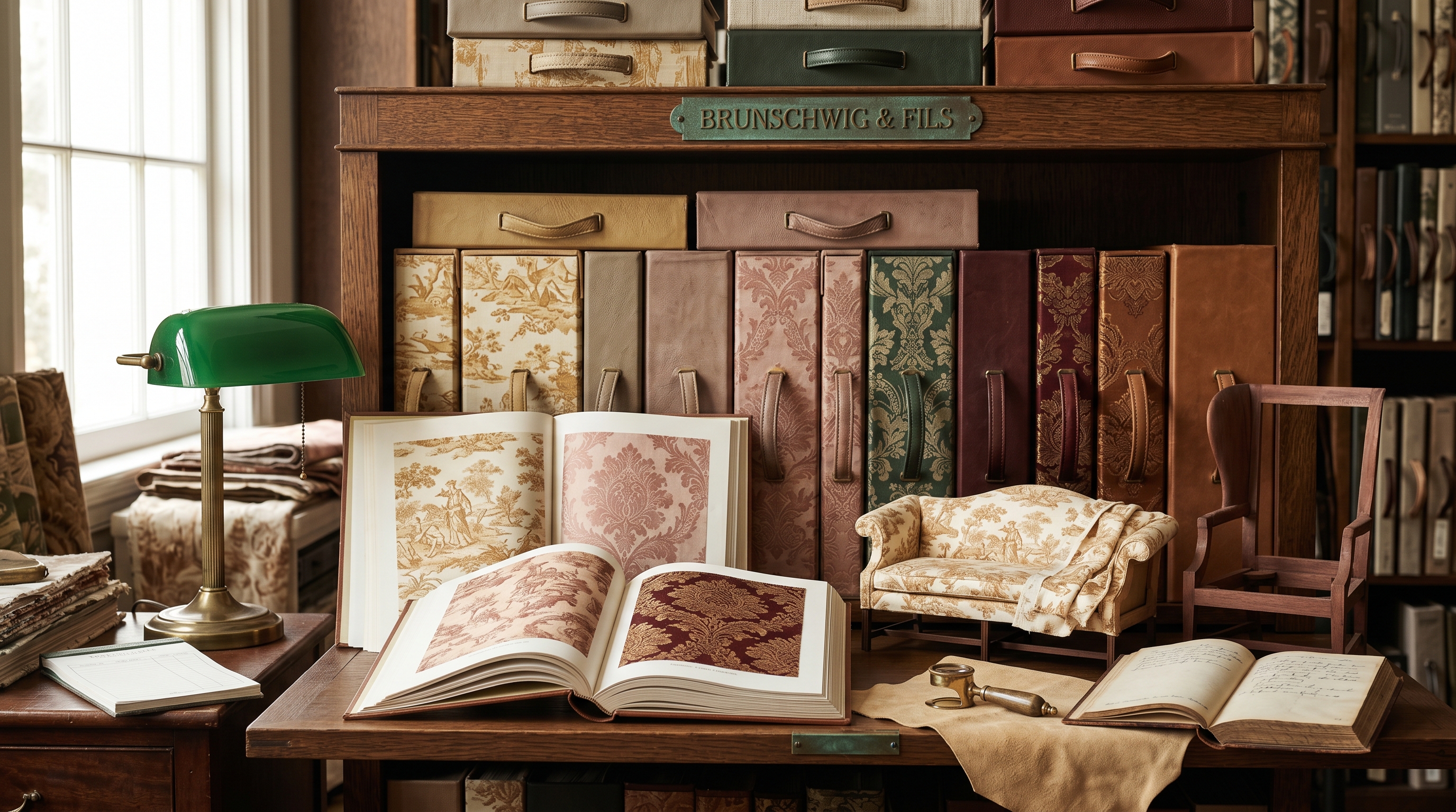 Brunschwig & Fils section of the fabric library — quartersawn-oak shelf bay with heritage slipcases in faded toile ochre, damask rose-and-forest-green, brocade oxblood-and-saddle-tan, three open sample books showing a French toile-de-Jouy in muted ochre on cream, a silk damask in faded rose, and a brocade in oxblood-and-gold, staged Camelback fragment draped in toile and a raw mahogany Federal wing chair frame fragment beside