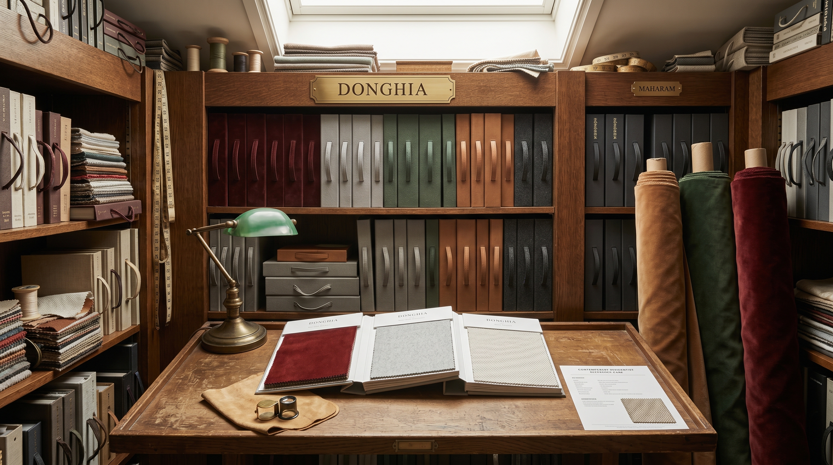 Donghia section of the fabric library — quartersawn-oak shelf bay with contemporary slipcases (velvets oxblood / dove-gray / forest-green, fine wools saddle-tan and charcoal, textured solids oyster and burgundy), smaller MAHARAM contract-catalog bay beside, three open sample books showing a Donghia velvet pile in oxblood, a fine merino wool in dove-gray, and a textured oyster solid, three rolled velvet bolts leaned against the bay