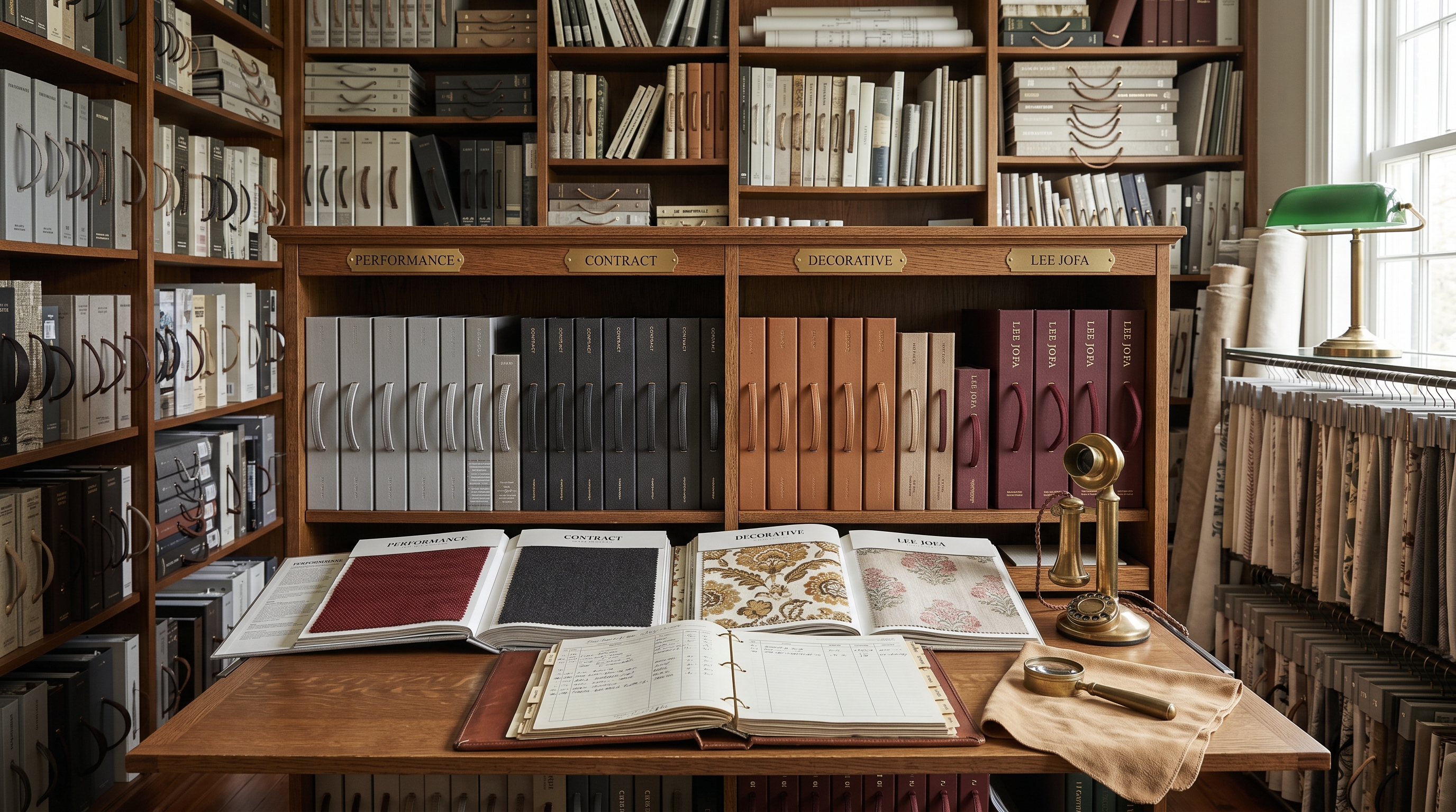 Kravet section of the fabric library — quartersawn-oak two-bay shelf with four catalog sub-tabs (PERFORMANCE dove-gray slipcases, CONTRACT charcoal, DECORATIVE saddle-tan, LEE JOFA burgundy overlap), four open sample books spread side by side showing a performance pebble-weave in oxblood, a contract Crypton in charcoal, a decorative chintz in ochre-and-cream, and a Lee Jofa heritage print in faded rose, brass-cased trade-rep direct-line telephone