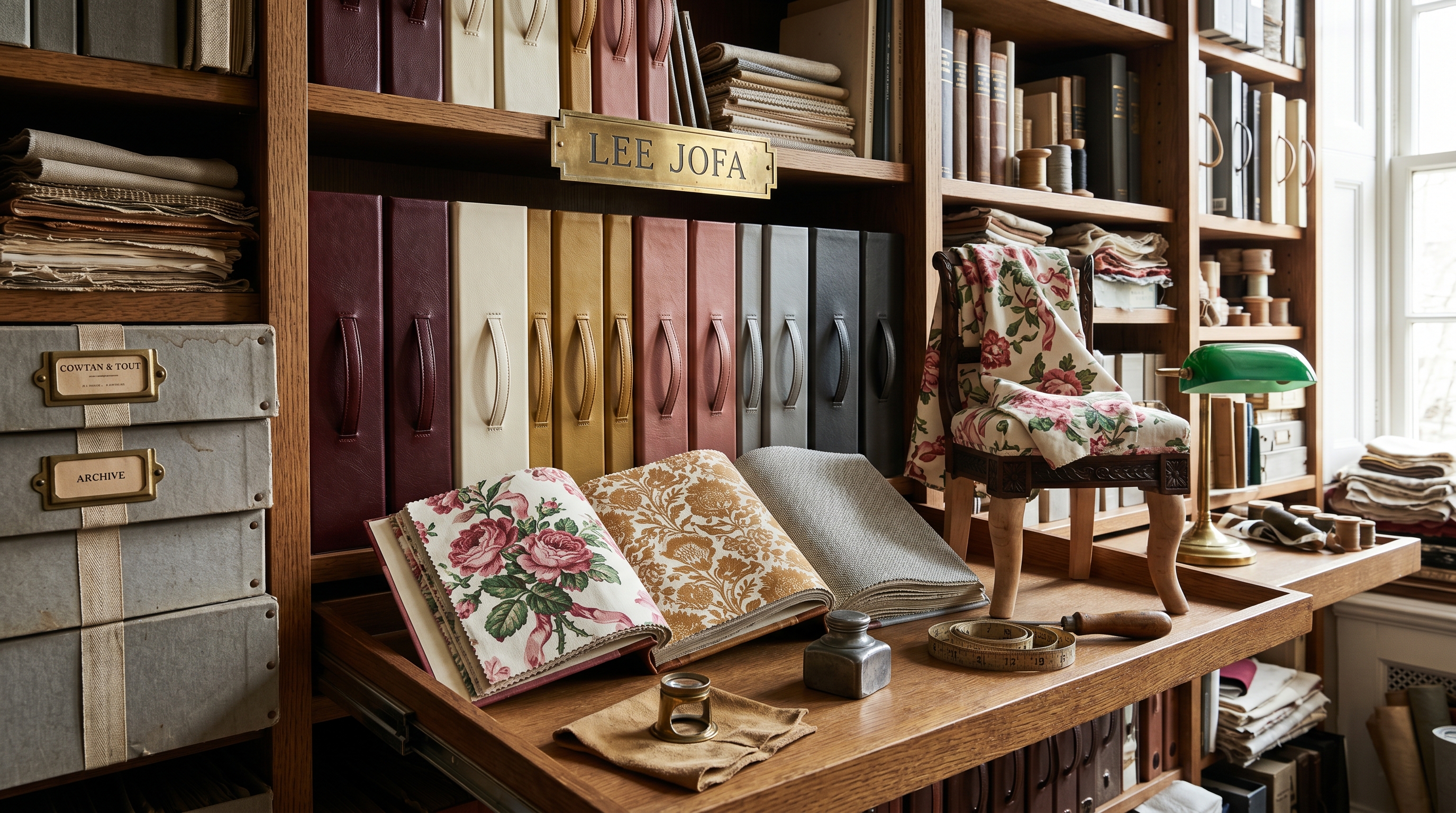 Lee Jofa section of the fabric library — quartersawn-oak shelf bay with heritage slipcases (chintz oxblood-and-cream, hand-blocked prints faded rose, Cowtan & Tout archive muted ochre, Threads contemporary dove-gray-and-charcoal), three open sample books showing a Lee Jofa cabbage-rose-and-ribbon chintz, a Cowtan & Tout hand-blocked archival print on cream, and a contemporary Threads weave, raw-maple Federal slipper chair fragment draped in chintz