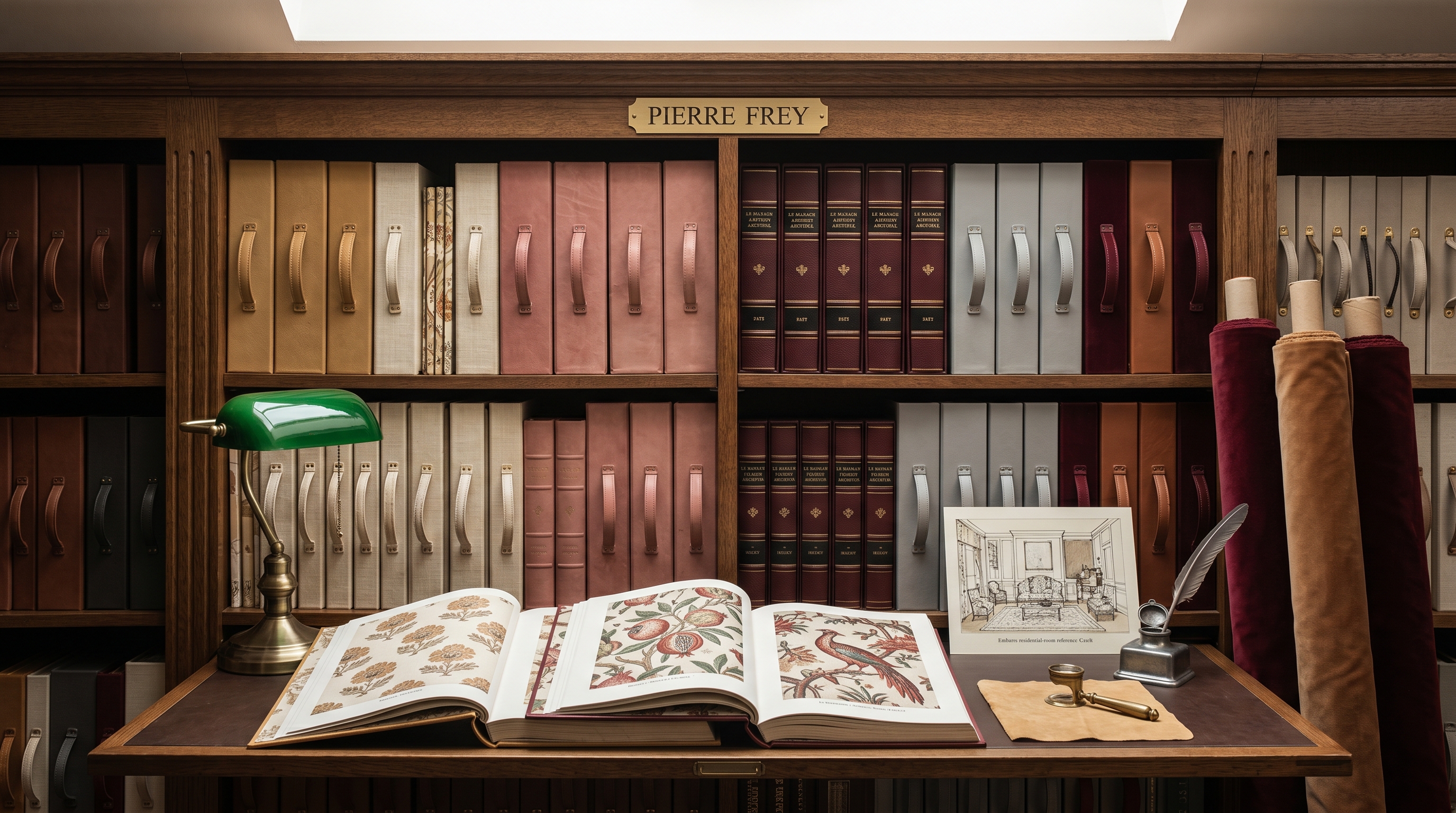 Pierre Frey section of the fabric library — quartersawn-oak shelf bay with heritage and contemporary slipcases (Trianon prints muted ochre, Boussac archives faded rose, Le Manach oxblood-and-gold, contemporary dove-gray, Maison Pierre Frey velvets burgundy / saddle-tan / oxblood), three open heritage books showing a Trianon ochre-flower print, a Boussac pomegranates-and-leaves archival print, a Le Manach exotic-bird hand-block, three rolled velvet bolts leaned against the bay