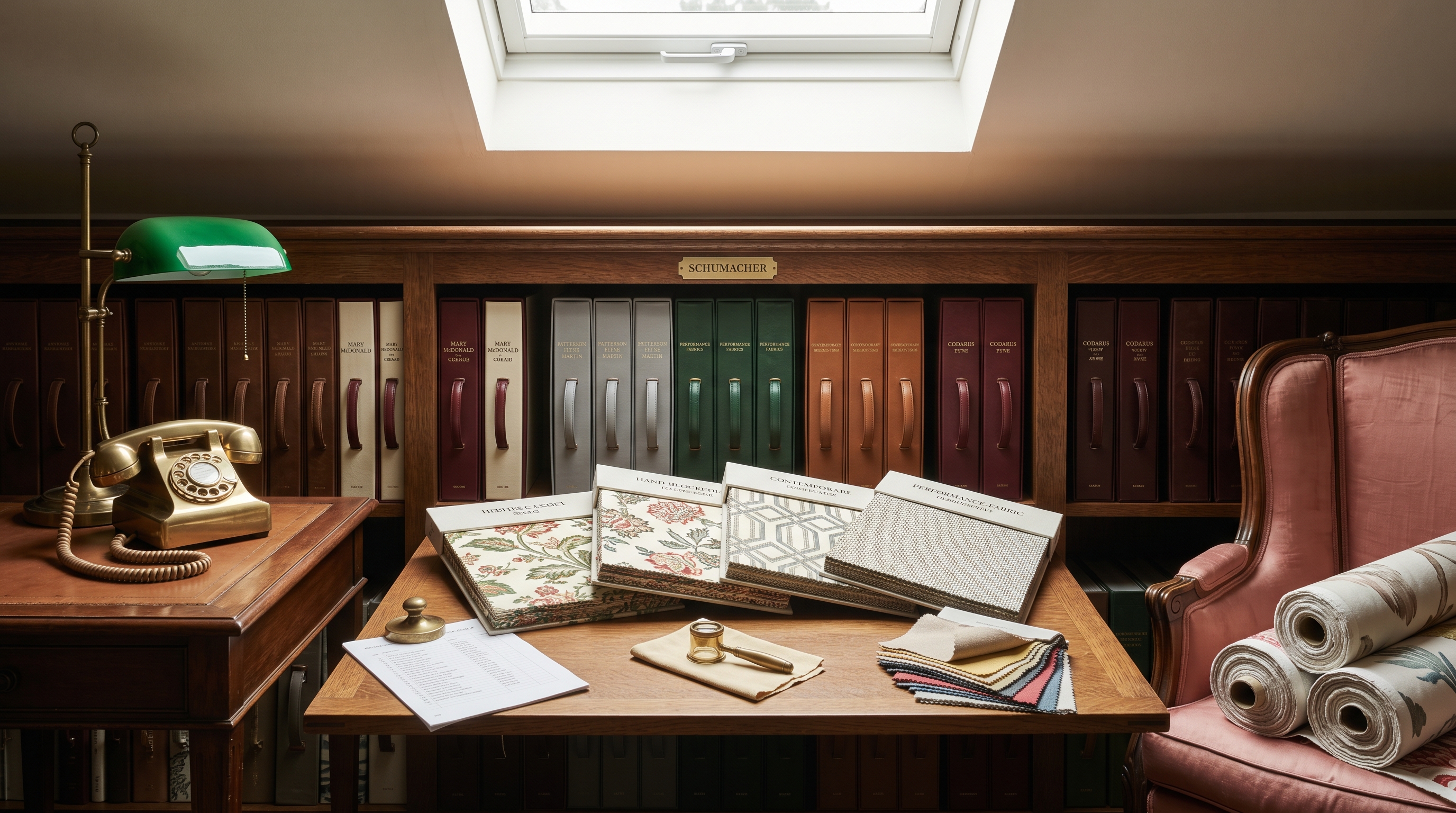 Schumacher section of the Colvin Street fabric library — quartersawn-oak shelf bay with the heritage library in colored leather slipcases (Mary McDonald oxblood-and-cream, Patterson Flynn Martin dove-gray, performance forest-green, contemporary saddle-tan, Codarus and Pyne burgundy), four open sample books fanned showing botanical chintz / hand-blocked floral / contemporary geometric / performance pebble-weave, brass-cased trade-rep direct-line telephone, faded rose-silk bergère with memo bolts
