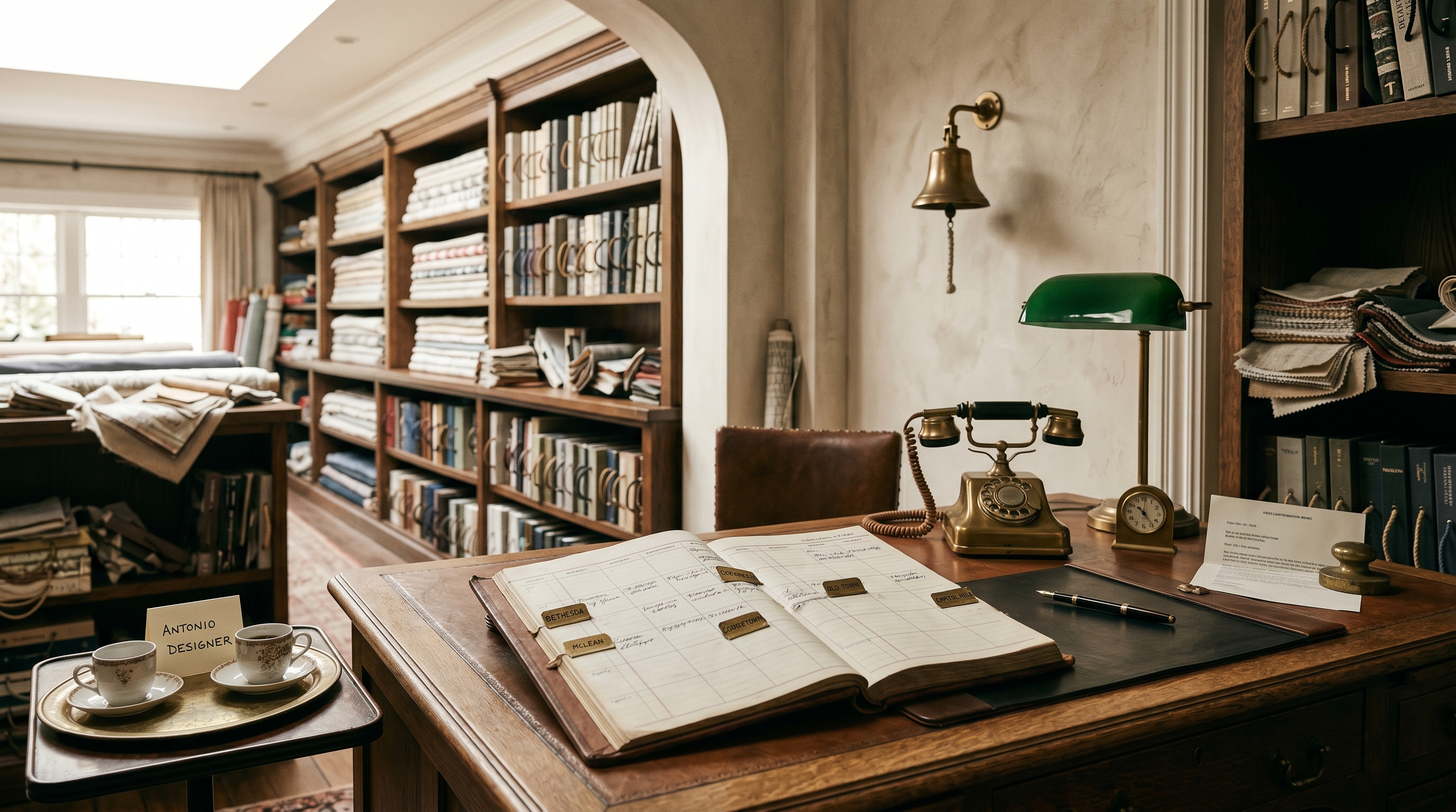 Trade-visit scheduling alcove at the entrance to the Colvin Street fabric library — leather-bound appointment ledger open to a weekly grid with four trade-designer appointments pinned with brass tabs labeled BETHESDA, MCLEAN, GEORGETOWN, OLD TOWN, CAPITOL HILL, brass-cased candlestick rotary telephone, letterpress visit-confirmation memo, two porcelain coffee cups on a brass tray (ANTONIO and DESIGNER labels), the long oak shelf-bays receding through an archway