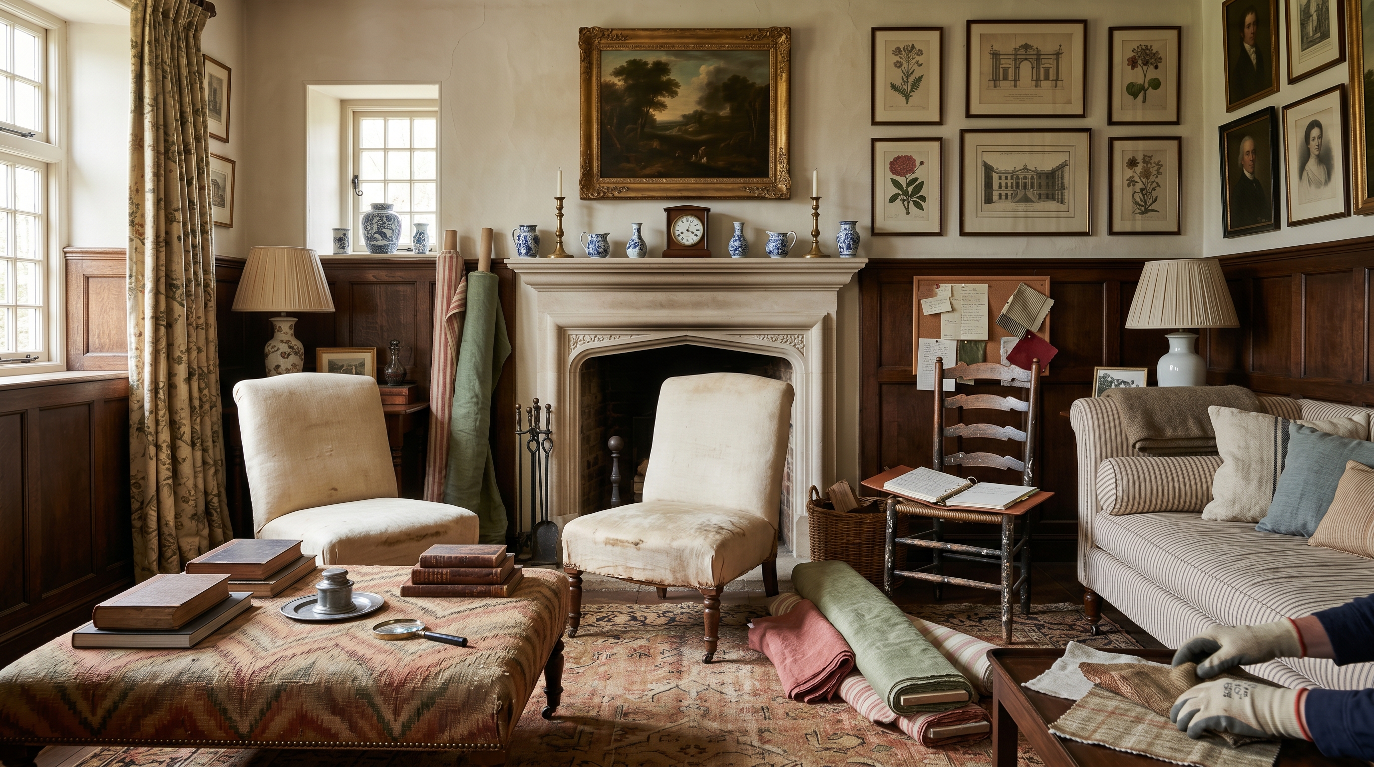 Hunt-country drawing room mid-installation — stone bolection-mantle fireplace, pair of patina-faded linen slipper chairs, bargello flame-stitch ottoman, ticking-stripe daybed, salon-hung botanicals and elevations, fabric memos on a ladder-back chair