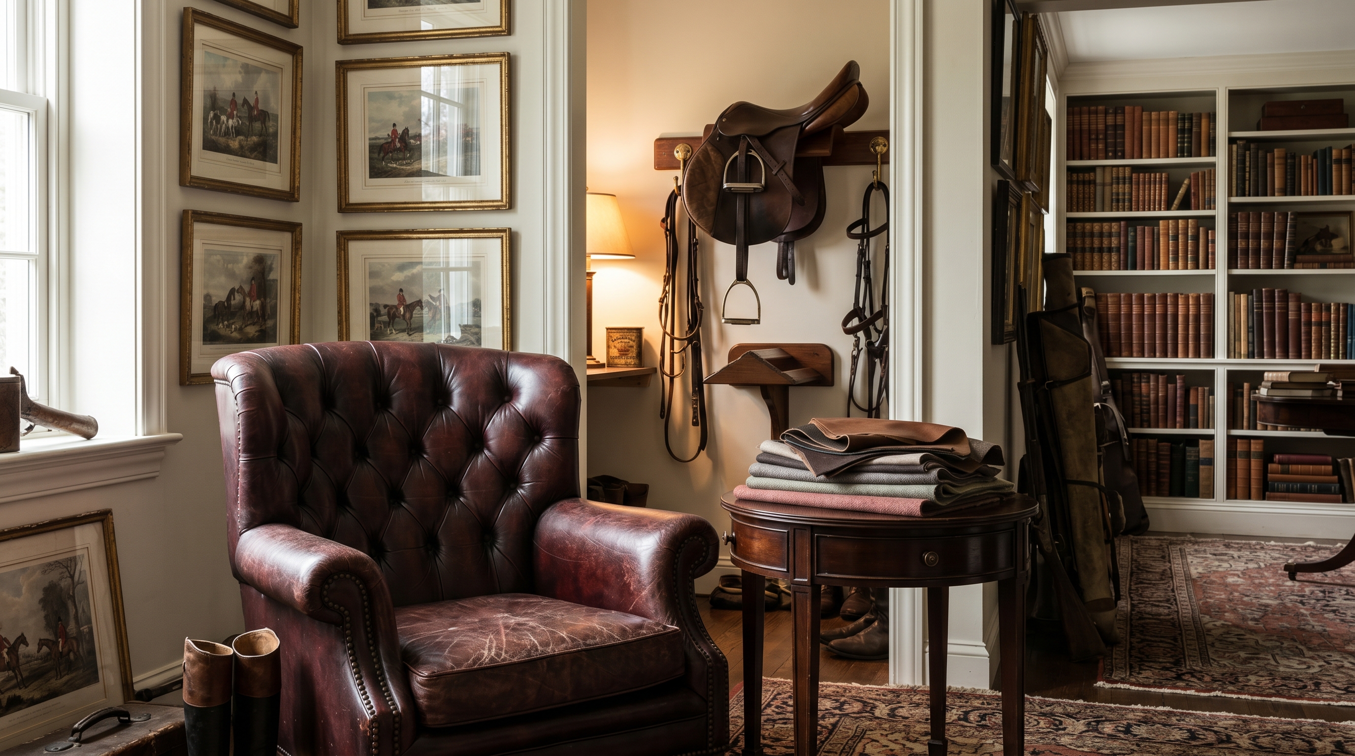 Hunt-country library-tack-room threshold — oxblood-leather tufted club chair with saddle-aged patina, English saddle on a wooden rack with brass bridle hooks, cluster of fox-hunt prints in gilt frames, equestrian-grade leather and wool memos on a drum table
