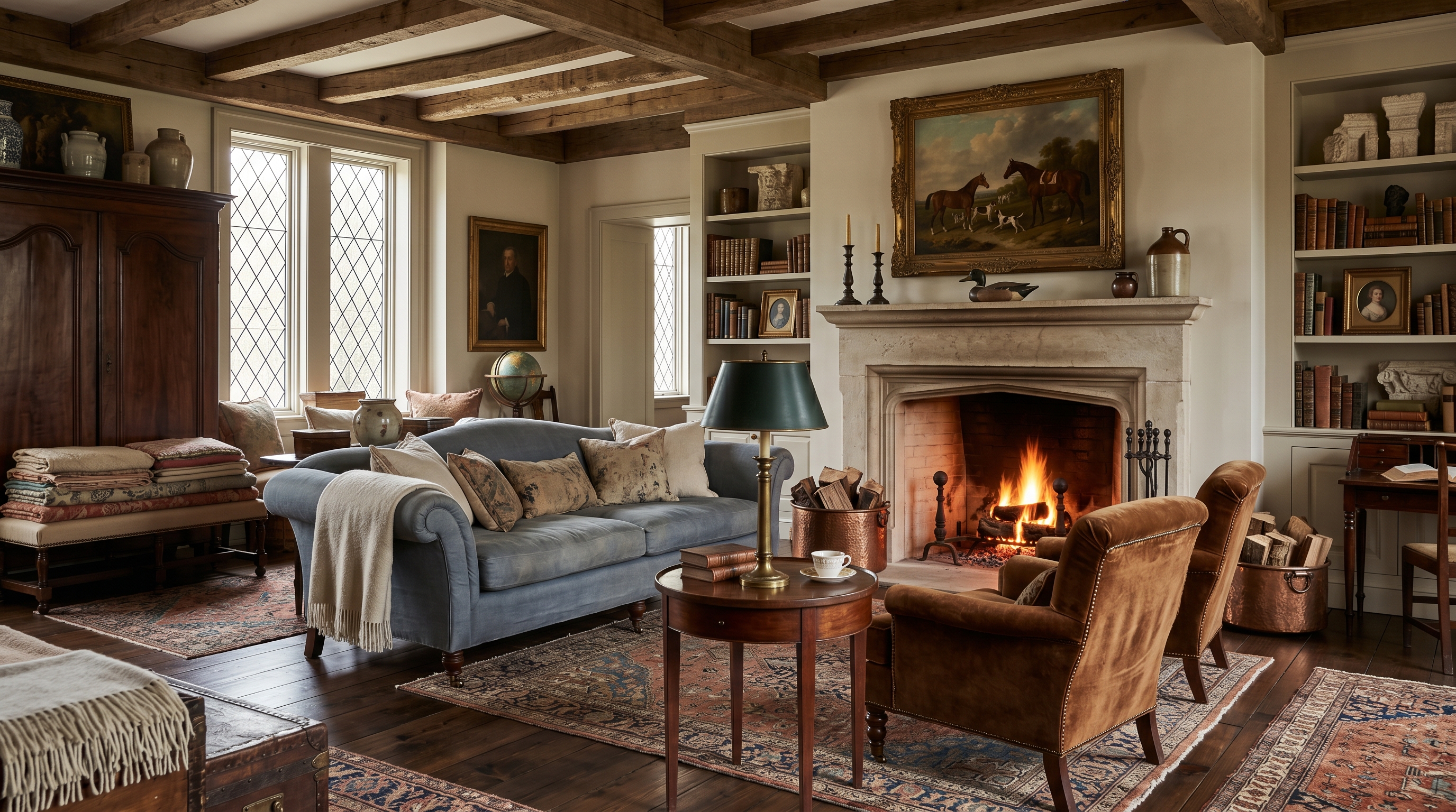 Great Falls estate great room — limestone fireplace with hearth fire, slate-blue rolled-arm sofa, tobacco-mohair club chair, exposed reclaimed-timber beams, English sporting oil above the mantel, layered Persian rugs