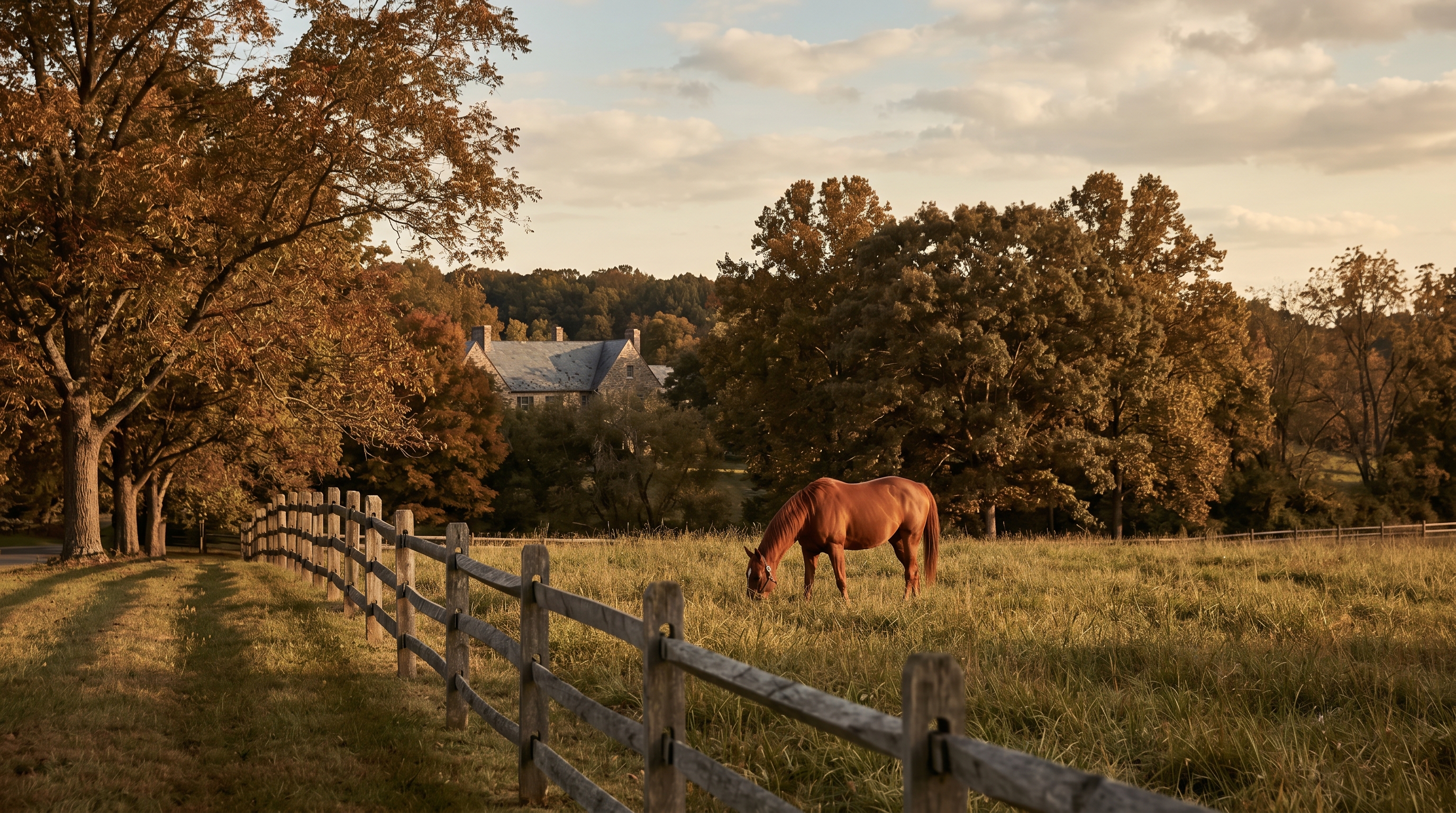 Loudoun County hunt-country pasture at golden hour — weathered split-rail fence diagonal across the foreground, single chestnut Thoroughbred grazing, stone manor house roofline visible through the autumn oaks on a wooded ridge