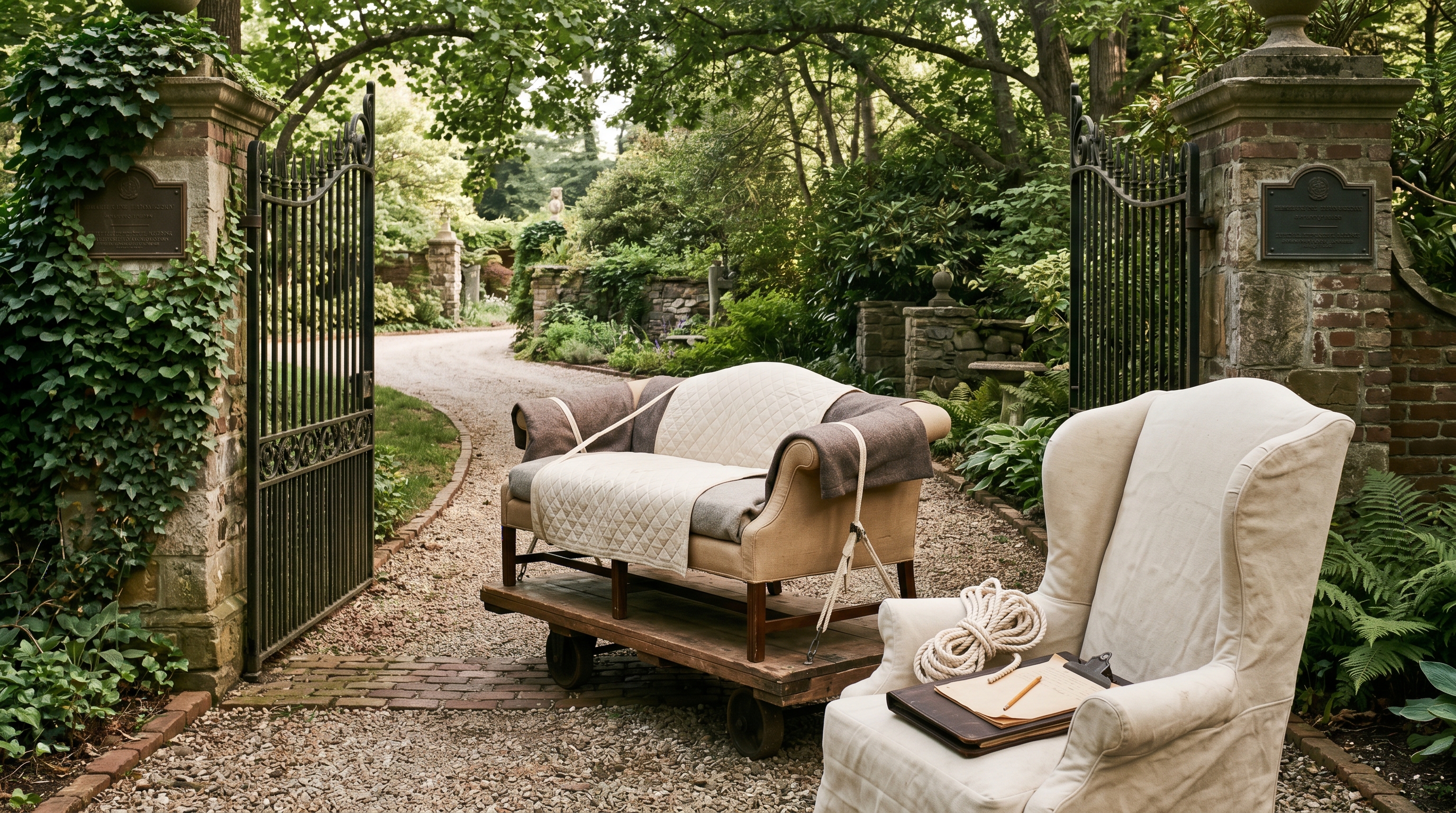 Wrought-iron estate gate with stone pillars at early morning — blanket-wrapped Camelback sofa and wrapped wing chair on a wooden cargo dolly inside the gate, climbing ivy on the brick pillars, gravel drive curving back, brass-loupe-and-notebook on the chair arm