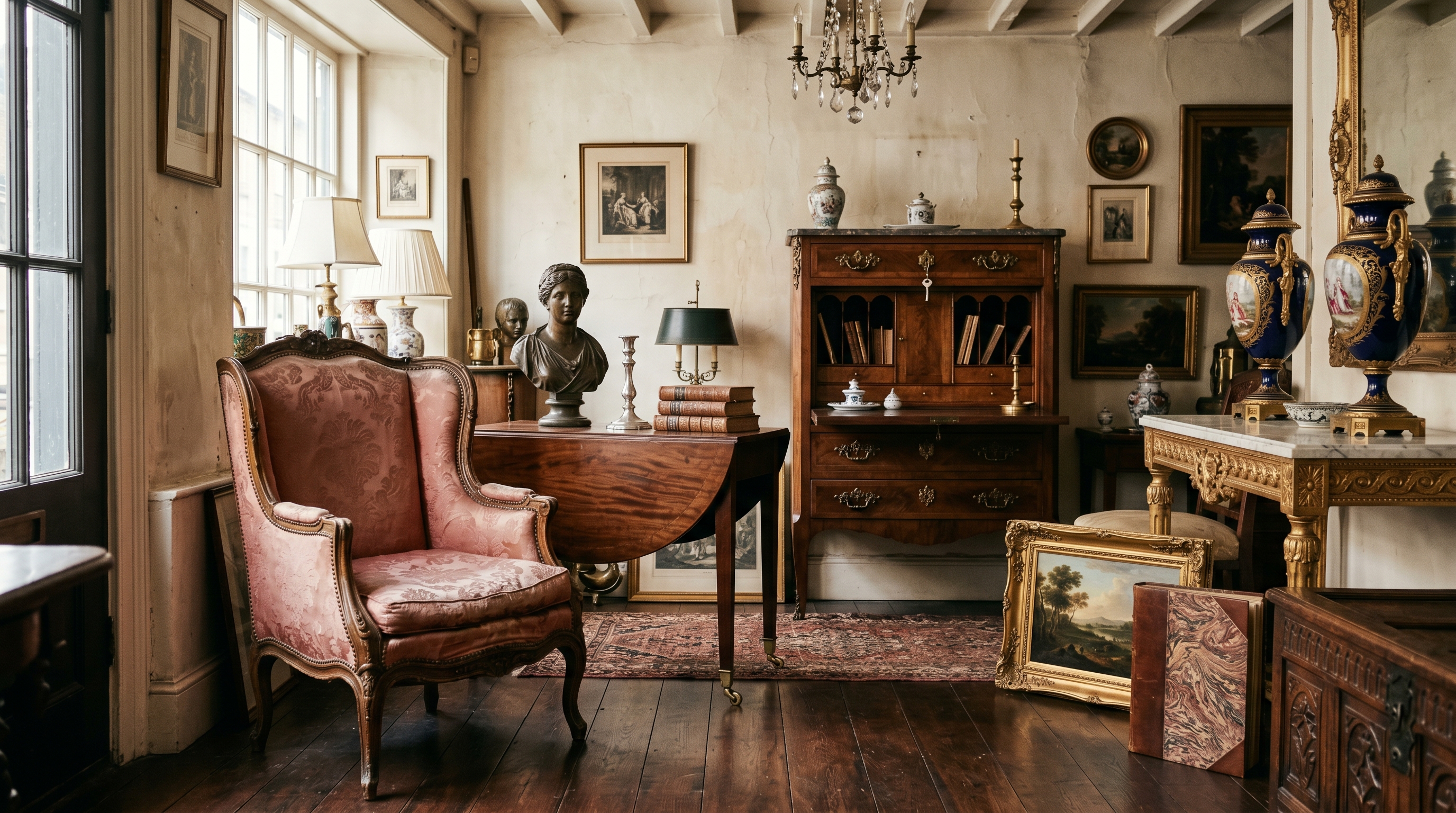 M Street antique dealer's showroom — Louis XV bergère in faded rose silk, Continental walnut secretaire with brass escutcheons, ormolu-mounted Sèvres-style urns, gilt-framed Continental oils, antique chandelier
