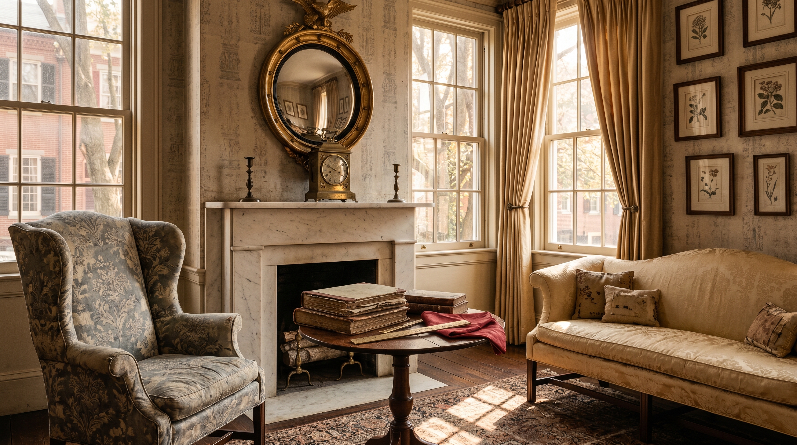 Federal-period Georgetown drawing room — Carrara marble fireplace, gilt convex mirror, chintz wing chair, straw-damask Camelback sofa, salon-hung botanicals, old-gold pinch-pleat silk drapery