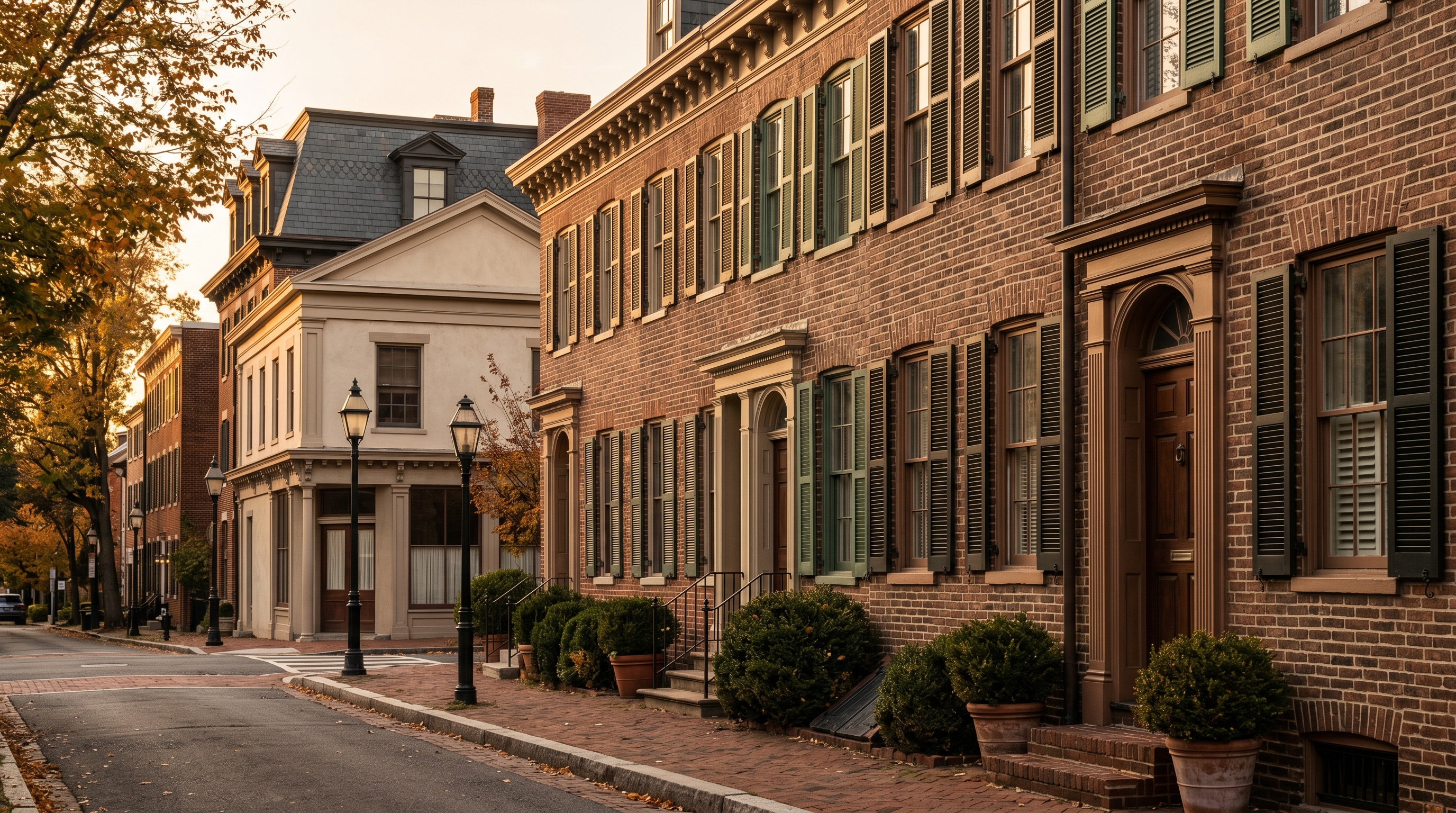 Federal-period Georgetown rowhouse block on O Street at golden hour — Flemish-bond brickwork, Charleston-black shutters, fanlight transoms, Greek-Revival commercial corner visible mid-frame
