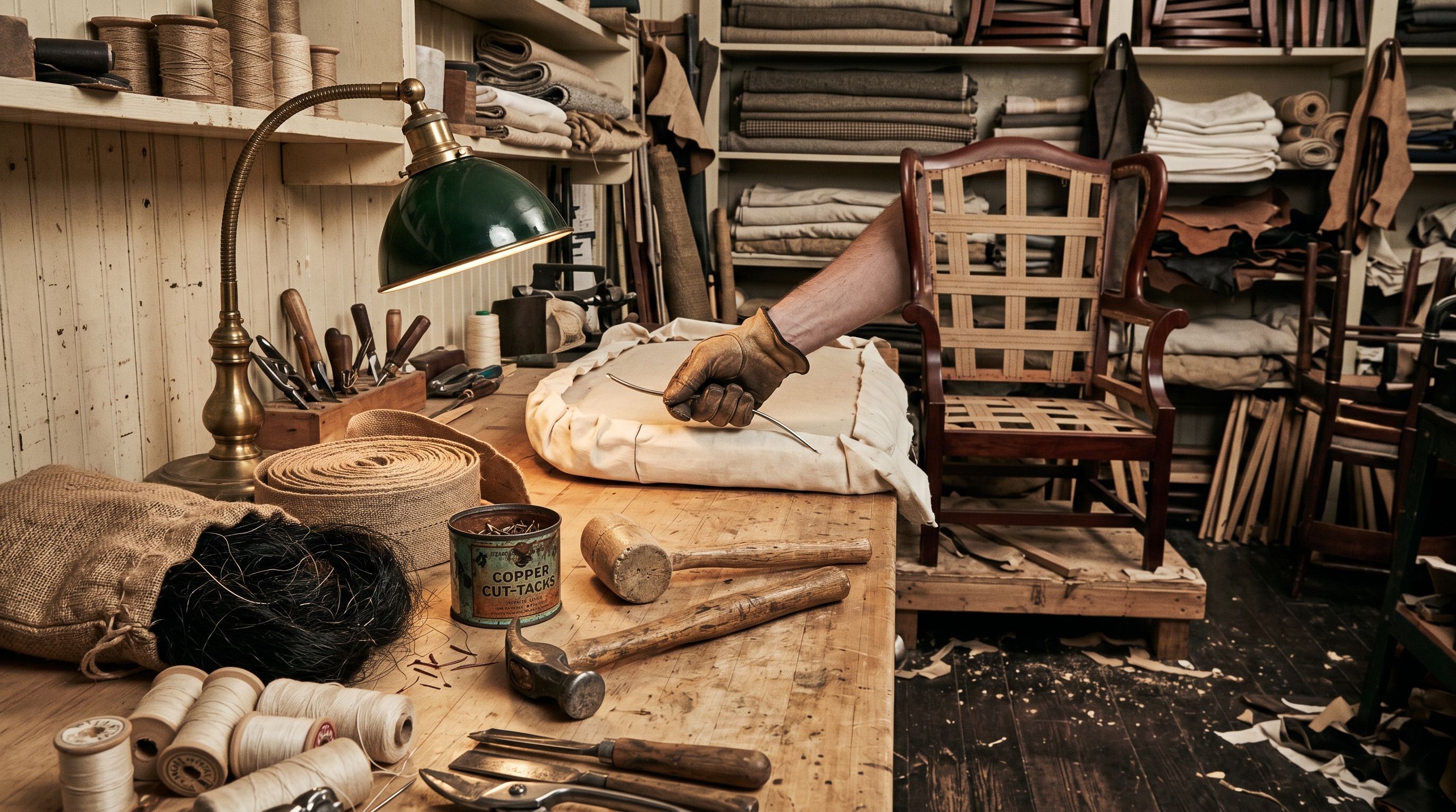 1949 Georgetown corner workshop bench — upholsterer's hand drawing waxed thread through muslin-wrapped edge roll, copper cut-tacks, scrubbed mallet, jute spool, horsehair, brass-and-green-glass desk lamp