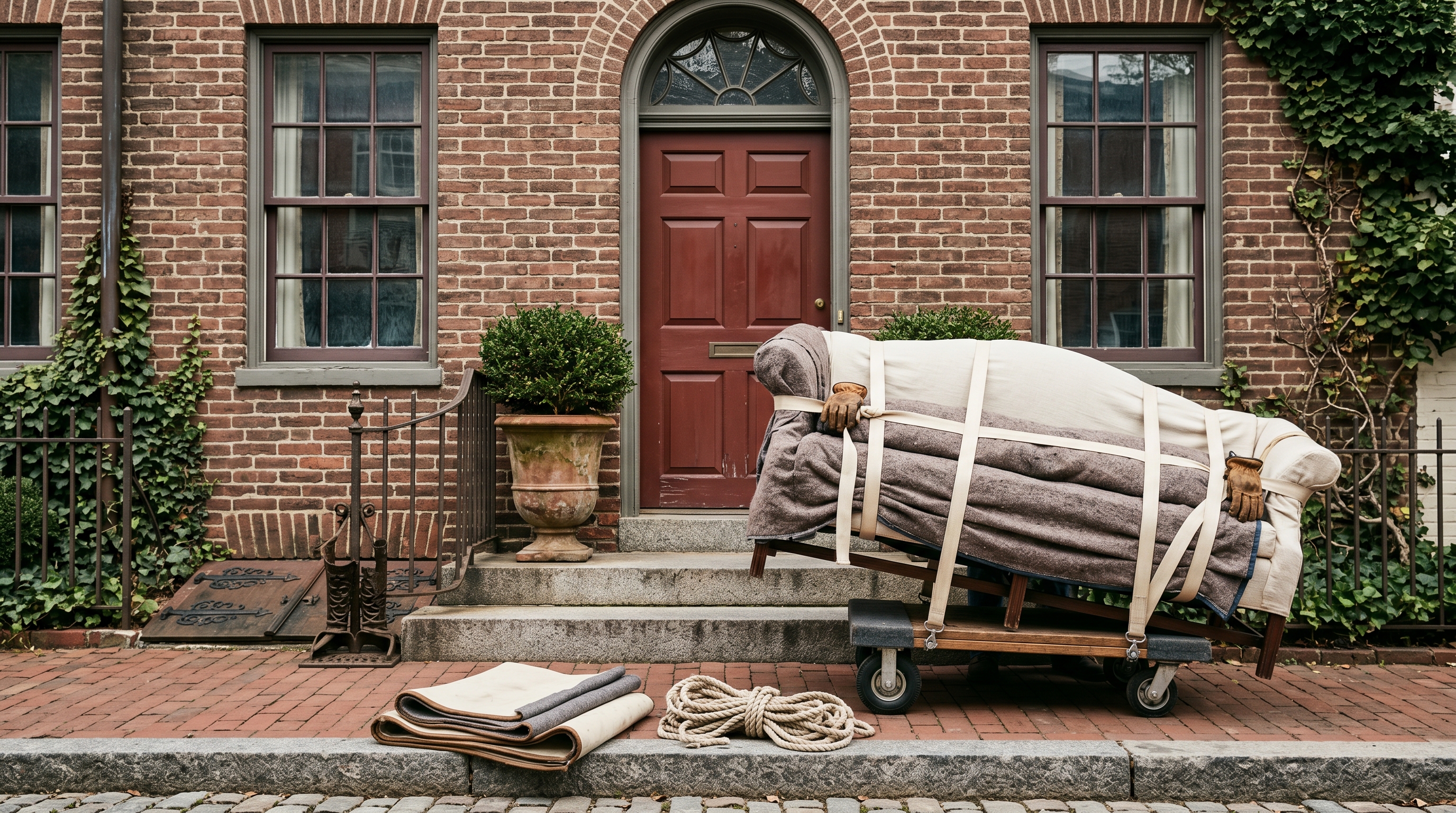 Blanket-wrapped Camelback sofa on a wooden dolly being eased down a Federal-period Georgetown rowhouse stoop — oxblood front door with fanlight transom, brick Flemish-bond facade, cotton rope on the cobblestone curb
