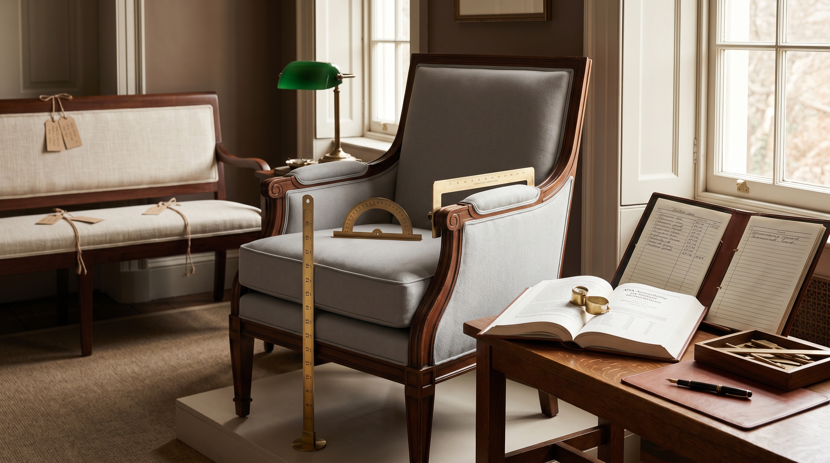 Bergerie ADA-compliance fitting station — ADA-compliant dove-gray crypton guestroom lounge chair on a low fitting platform with a brass seat-height ruler at the seat front (17-to-19-inch range), brass armrest-clearance gauge across the arm, brass back-angle protractor on the seat, leather-bound ADA Accessibility Guidelines reference book open beside, dimensional-record portfolio, matching ADA lobby bench staged behind